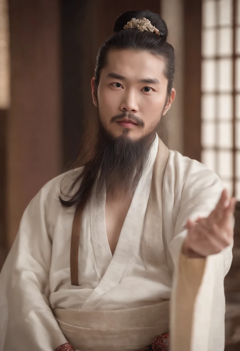 An ancient Chinese man，Homem de meia idade，Long beard，Sparse long beard，hair-bun，Bunched hair，Half recumbent，Hanfu，Folding fan in hand，k hd，exteriors，8K，Masterpiece, Best quality, {Best quality}, {{Masterpiece}}, {A high resolution}, Focus,Traditional Chinese interior，