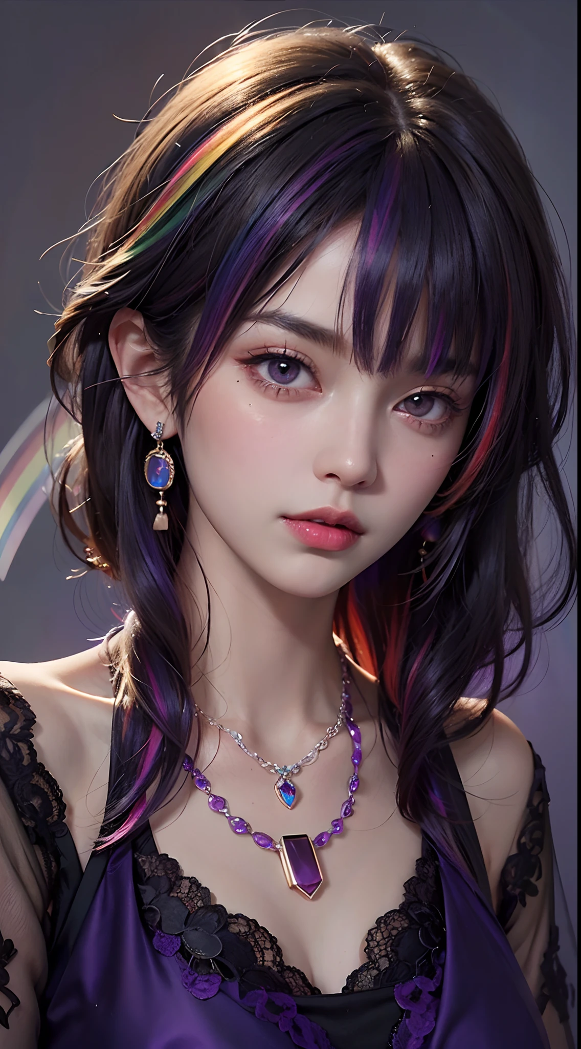 A beautiful and sexy 20-year-old girl, wearing an ultra-thin red dress, a diamond-embellished dress, ((long rainbow-dyed hair:1.6)), bangs, elaborate jewelry made from precious stones, and beautiful hair, ((wearing a purple lace necklace:1.6))), the aristocratic and aristocratic style of the girl is extremely beautiful, the small face is super cute, the face is very pretty, the eyebrows are thin, the flawless beautiful face, ((black eye pupils: 0.8)), very beautiful eyes, ((light red eyes: 1.5)), beautiful makeup and detailed eyelashes, steamy eye makeup , high nose, earrings, red lips, ((closed mouth: 1;5 )) beautiful lips, slim hands, most beautiful thighs, ((arms spread out to the sides: 1.5)), rosy face, clean face , flawless beautiful face, smooth white skin, (big breasts: 1.5)), ((high breasts: 1.6)), Plump breasts, nice cleavage, ((big and super round breasts: 1.8))), ((super tight breasts: 1.5)) , beautiful breasts, back arms, beautiful girl's upper body, 8k photo, super high quality, super realistic, 10x super pixel, optical, dark studio, light border, two-tone light, (high detail skin:1.2), super 8k, soft light, high quality, volumetric lighting, realistic, Photo, high resolution, lighting, best photo, 4k quality, 8k, effects blur, Smooth and sharp, 10 x pixels, (galaxy: 1.7), aurora, lightning, surreal graphics, most realistic graphics, alone, solo, Extremely sharp, surreal images, ( ((frontal portrait:1.3)))."