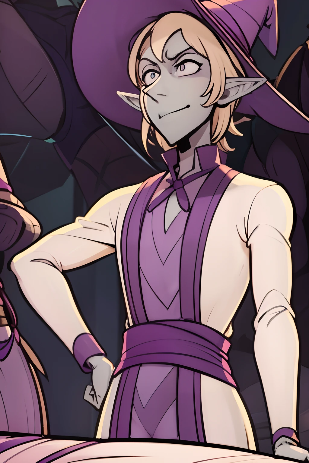 Taako, 1boy, elf, mint green skin, blonde hair, long pointy ears, pointy nose, purple eyes, purple witch hat, purple robe, white blouse, indigo pants, dark blue boots, navy blue skirt, perfect anatomy, solo, upper body