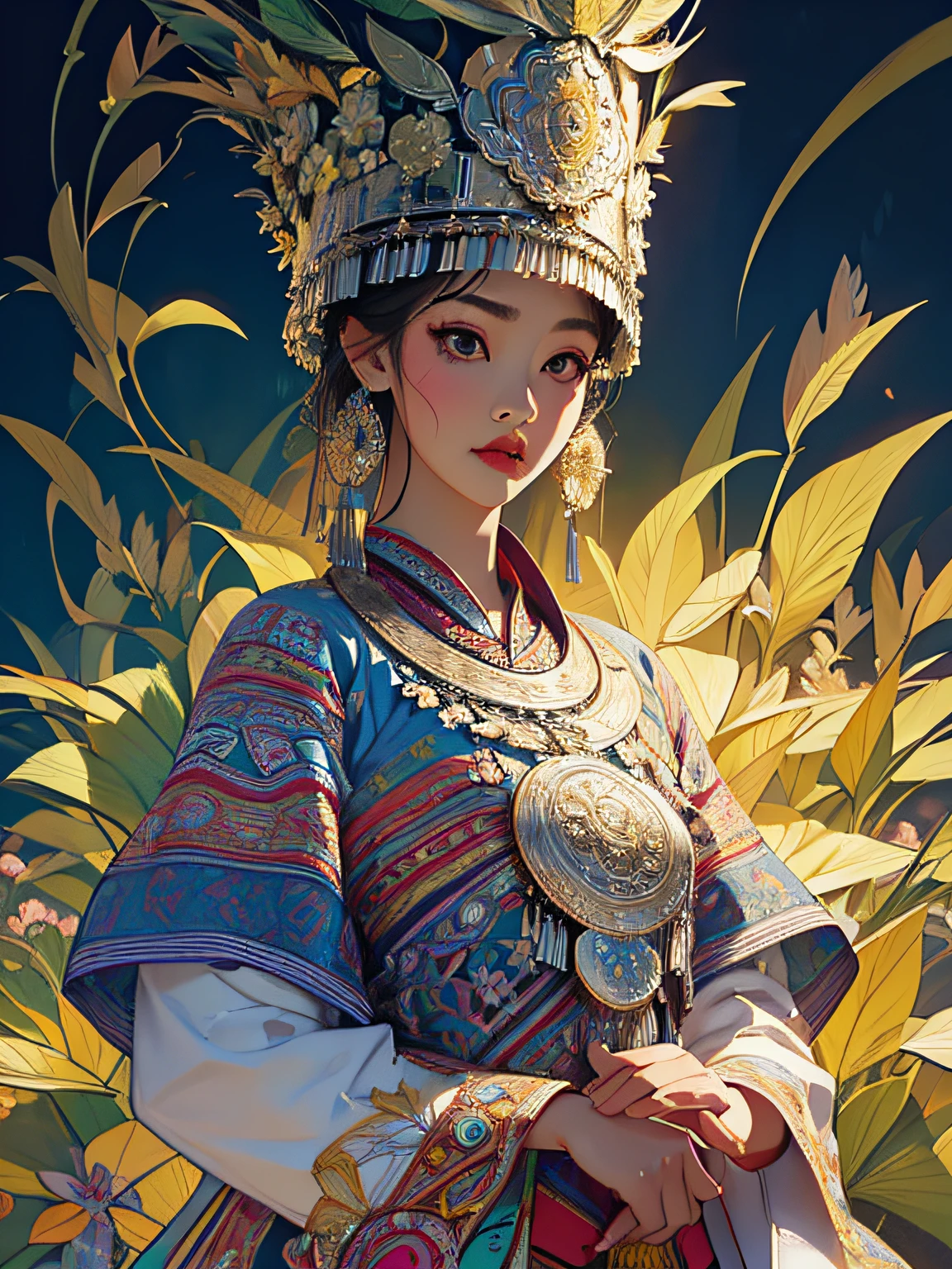 (illustration:1.3)Hmong girl in Hmong costume (by Artist Anna Dittman:1), (((Masterpiece))), (((Best quality))), ((Ultra-detailed)),(Detailed light),((An extremely delicate and beautiful)), Hmong,garments、head gear、耳Nipple Ring，Harvest background，Cutout，Do not cross your eyes