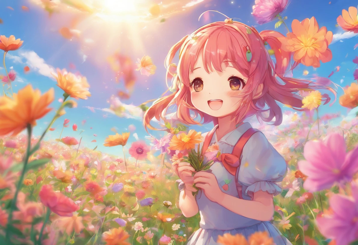 Girl rejoicing surrounded by cosmos fields、FULL BODYSHOT