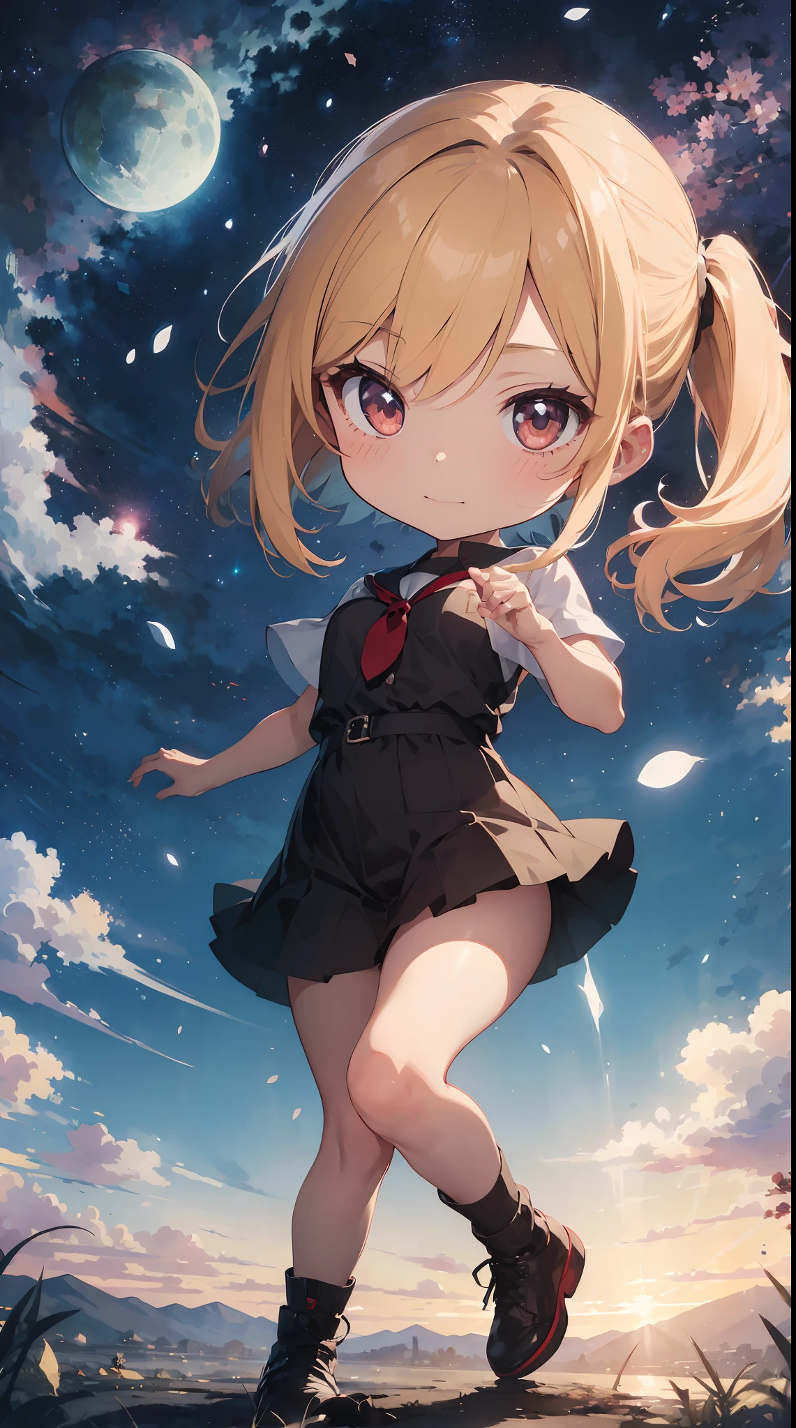 masutepiece, Best Quality, Detailed small breasts, Beautiful illustration, pastel color, Illustration style, Realistic skin feeling, Realistic materials、watercolor paiting, (Mysterious:1.4), Cosmos Field、 (1girl in, Solo:1.4), Cute, (Chibi:1.6), Rising Sun Rains Down、A fantastic pre-beat in which the petals of the cosmos soar by materializing the strong wind ((Writing line transparency Highest quality Best work Concept art.))