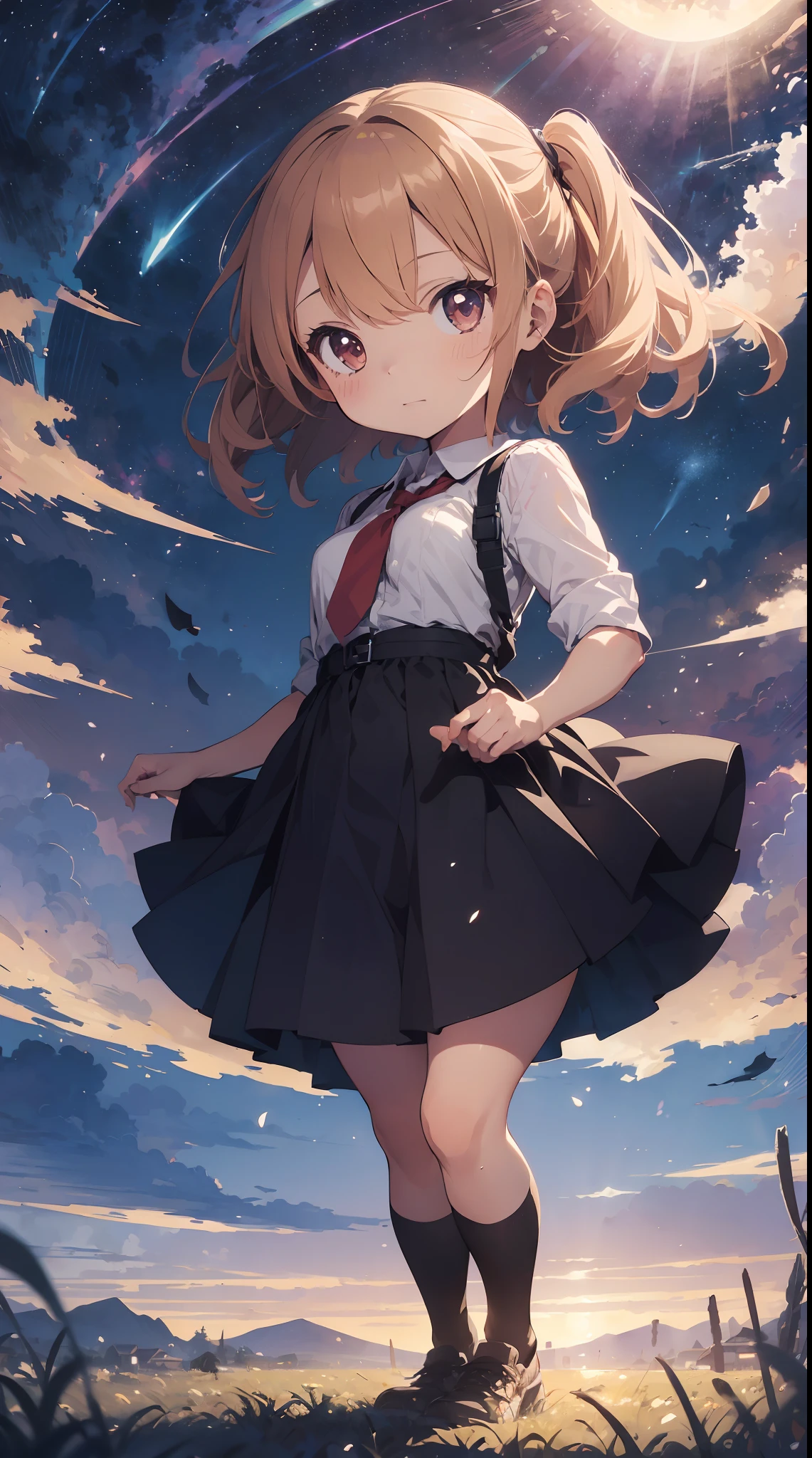 masutepiece, Best Quality, Detailed small breasts, Beautiful illustration, pastel color, Illustration style, Realistic skin feeling, Realistic materials、watercolor paiting, (Mysterious:1.4), Cosmos Field、 (1girl in, Solo:1.4), Cute, (Chibi:1.6), Rising Sun Rains Down、A fantastic pre-beat in which the petals of the cosmos soar by materializing the strong wind ((Writing line transparency Highest quality Best work Concept art.))