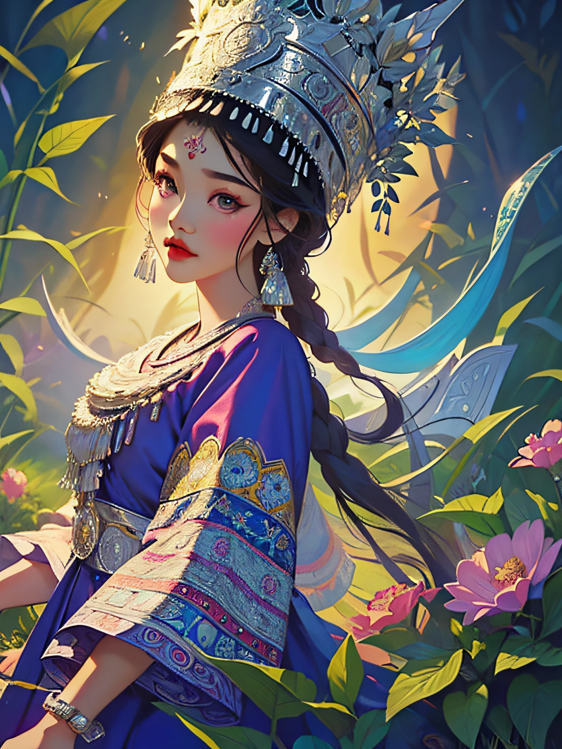 (illustration:1.3)Hmong girl in Hmong costume (by Artist Anna Dittman:1), (((Masterpiece))), (((Best quality))), ((Ultra-detailed)),(Detailed light),((An extremely delicate and beautiful)), Hmong,garments、head gear、耳Nipple Ring，Harvest background，Cutout，Danfeng eyes