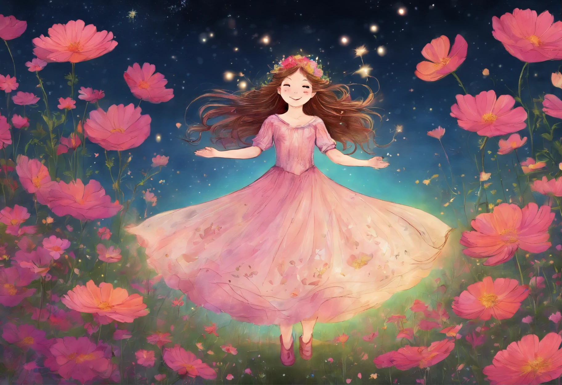 Girl rejoicing surrounded by cosmos field、FULL BODYSHOT