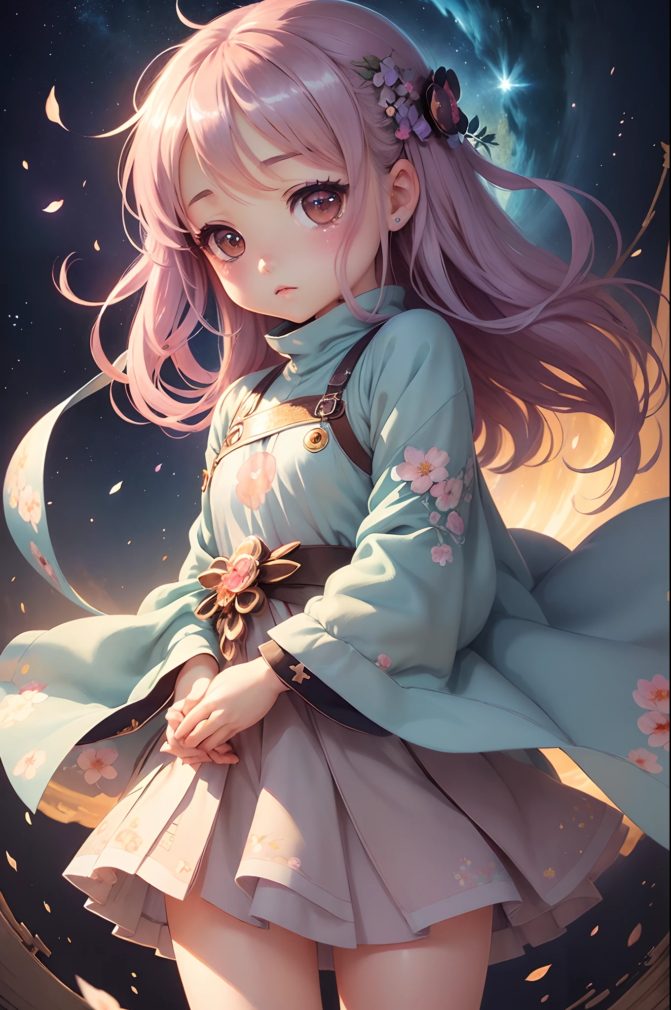 masutepiece, Best Quality, Detailed small breasts, Beautiful illustration, pastel color, Illustration style, Realistic skin feeling, Realistic materials、watercolor paiting, (Mysterious:1.4), Cosmos Field、 (1girl in, Solo:1.4), Cute, (Chibi:1.6), Rising Sun Rains Down、Lepede materializing strong winds and soaring cosmos petals, ((Writing line transparency Highest quality Best work Concept art.))