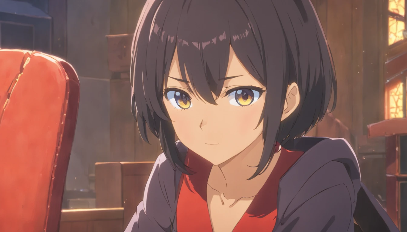 1girl, bangs, black eyes, black gloves, black hair, chair, coat, gloves, hair between eyes, looking at viewer, multicolored hair, own hands together, short hair, sitting, solo, streaked hair, symbol-shaped pupils, two-tone hair, white hair, x-shaped pupils,