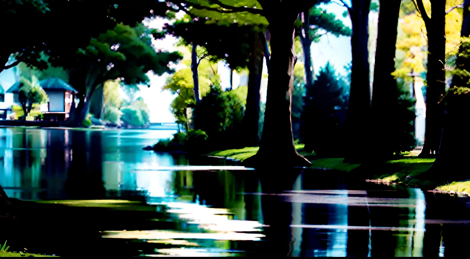 A Photograph: Capture the serene ambiance of a tranquil river flowing gently by a picturesque house, showcasing a serene color palette and immaculate composition. --ar 16:9