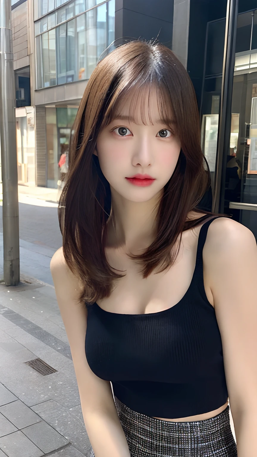 (Realistic, High resolution:1.3), 1 girl with perfect figure, super fine face and eyes, Long hair, Tank top: 1.Two of random colors, Short skirt, the city street, Big breasts, Exposed cleavage