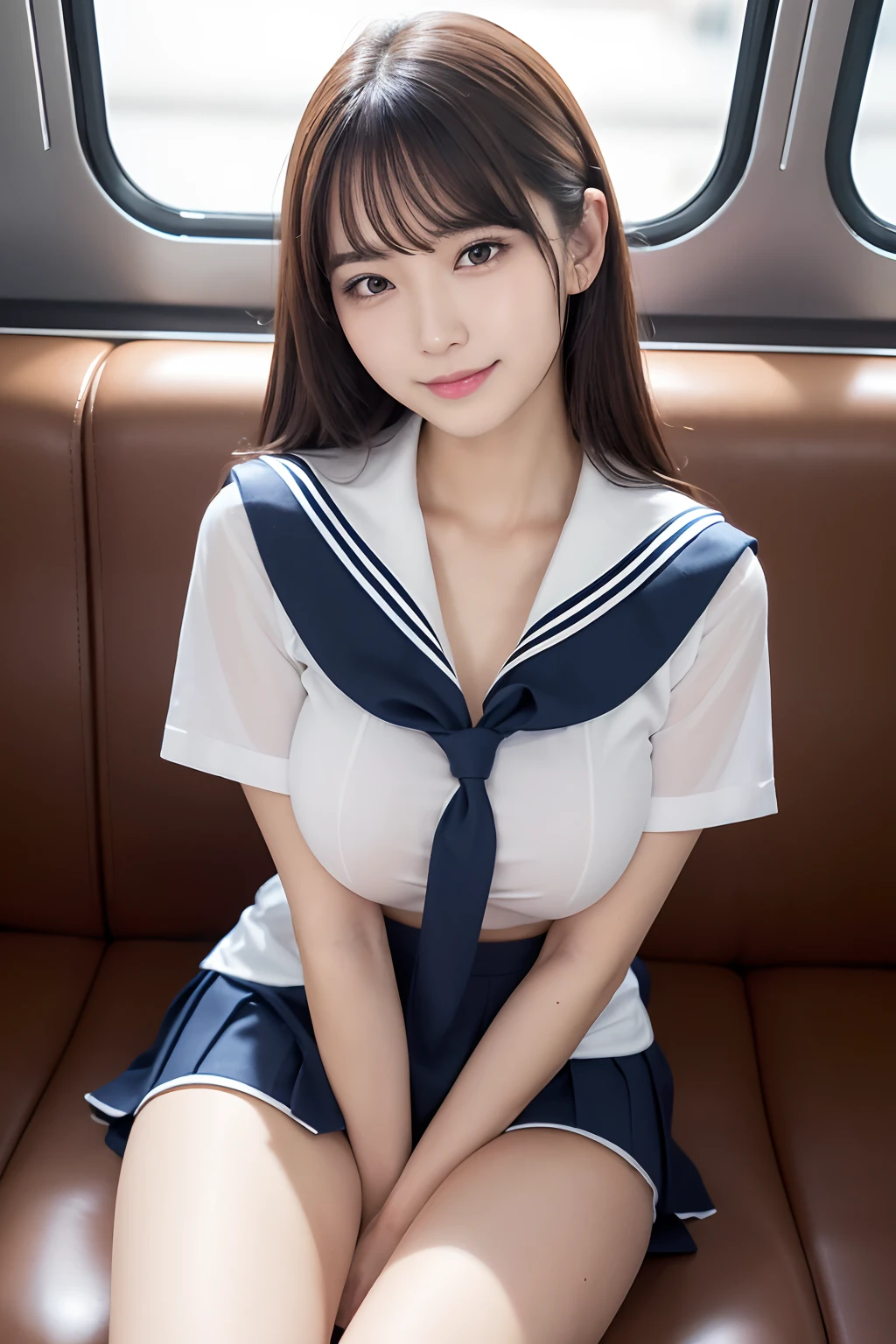 top-quality,ultra-detailliert,masterpiece,realisitic,Photo Real,Bright lighting,1 girl in, an extremely beautiful 17-year-old girl, (kawaii:1.2),Thin smile, (Brown eyes),(brown haired),(bangss),perfect glossy skin,flawless skin,((erotick,Sexy and sexually explicit)),((accurate hands without incongruity)), large full breasts,big breasts thin waist, Look at viewers,((a sailor suit)),((Short sleeve uniform white shirt)),(red necktie),(Blue Mini Pleated Skirt),(((skirt lift by yourself))),(lifted by self),(Showing panties),panties on,panties focus,((Sit up,spread legswide)), sockes, (Black knee socks),(Loafer shoes), during daytime,On the train,Horizontal long seat with your back to the window、乃木坂アイドル、韓国アイドル、hposing Gravure Idol、女優、25-years old、tall、cafes、resturant、Italy、Americans、Australia