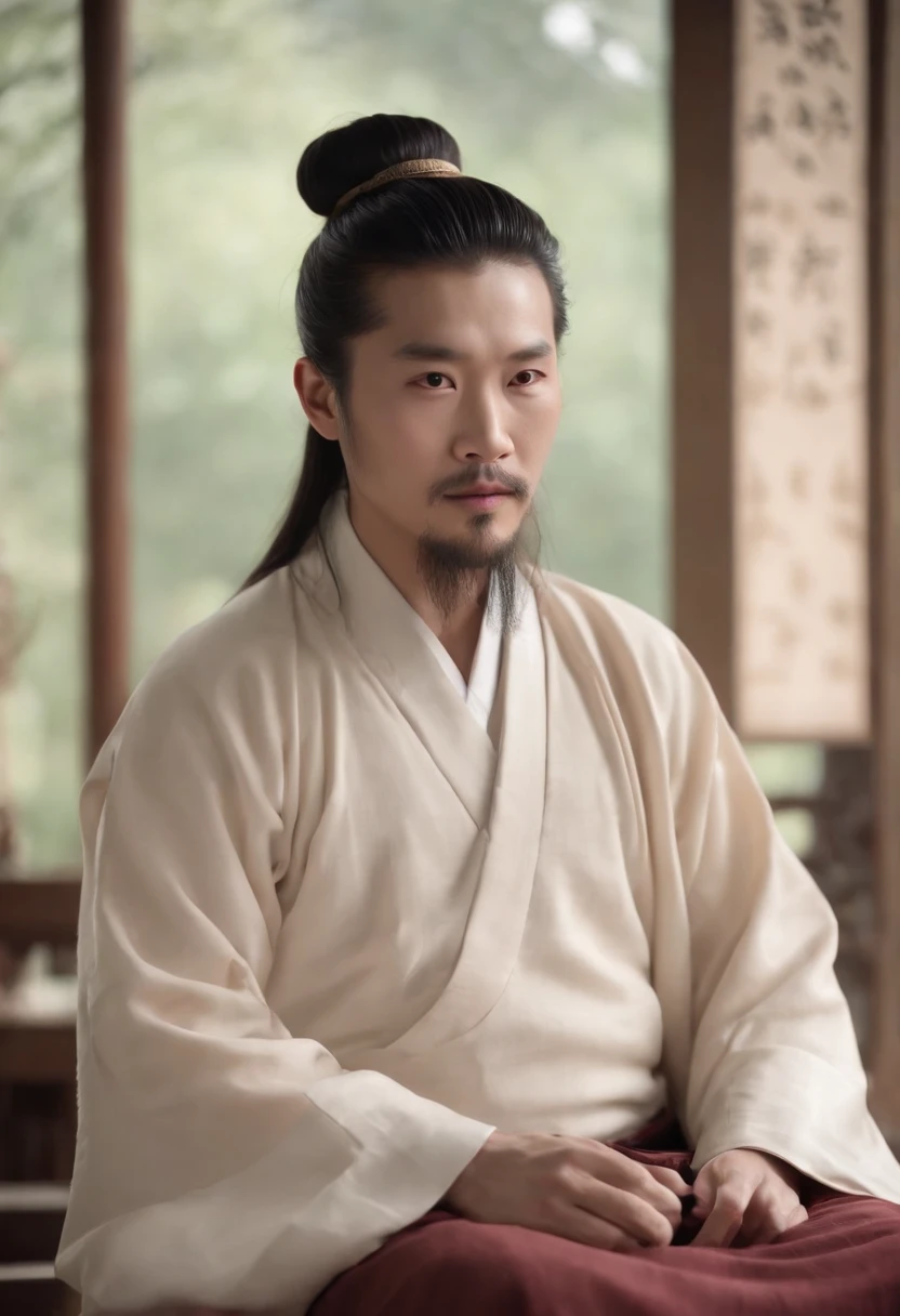 An ancient Chinese man,Homem de meia idade,Long beard,Sparse long beard,hair-bun,Bunched hair,Half recumbent,Hanfu,(Wine glass in hand),k hd,exteriors,8K,Masterpiece, Best quality, {Best quality}, {{Masterpiece}}, {A high resolution}, Focus,Traditional Chinese interior,