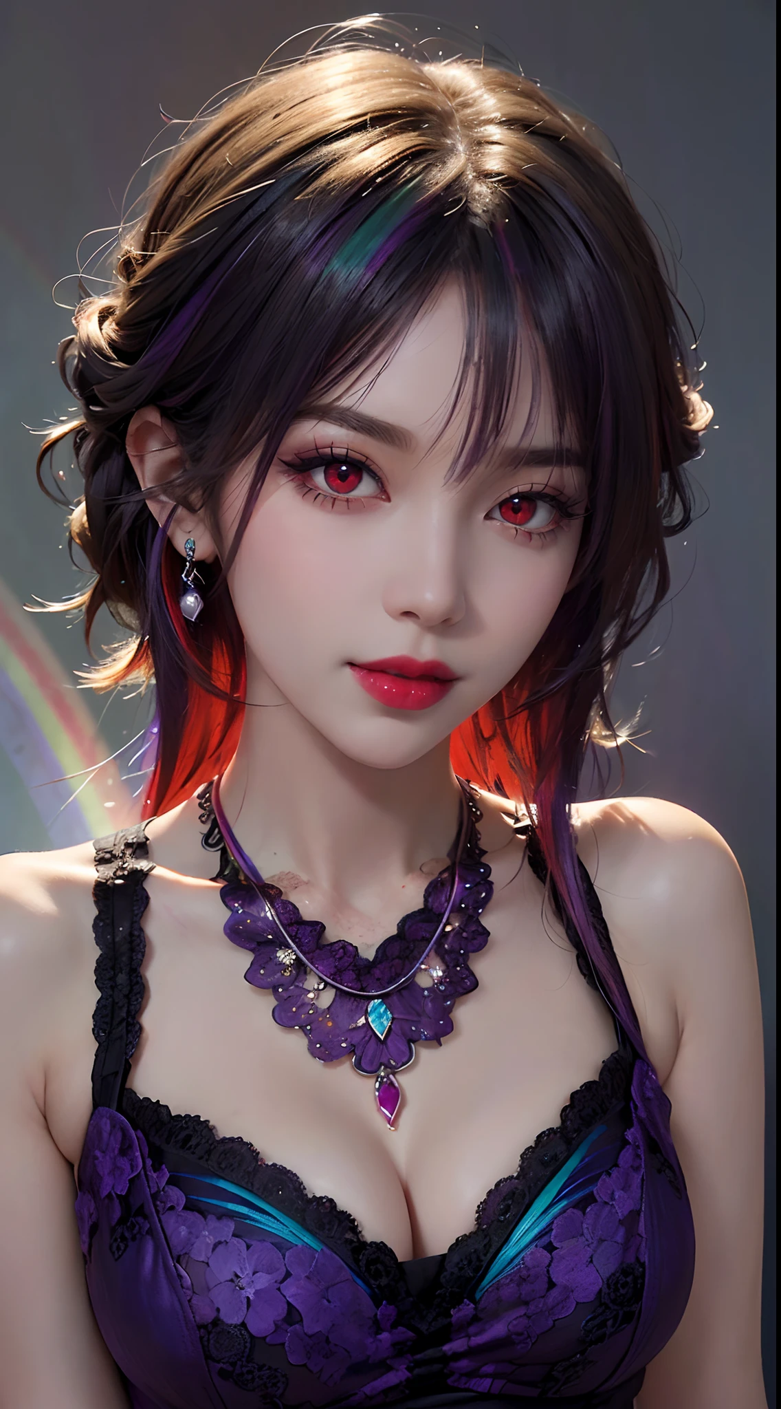 A beautiful and sexy 20-year-old girl, wearing an ultra-thin red dress, a diamond-embellished dress, ((long rainbow-dyed hair:1.6)), bangs, elaborate jewelry made from precious stones, and beautiful hair, ((wearing a purple lace necklace:1.6))), the aristocratic and aristocratic style of the girl is extremely beautiful, the small face is super cute, the face is very pretty, the eyebrows are thin, the flawless beautiful face, ((black eye pupils: 0.8)), very beautiful eyes, ((light red eyes: 1.5)), beautiful makeup and detailed eyelashes, steamy eye makeup , high nose, earrings, red lips, ((closed mouth: 1;5 )) beautiful lips, slim hands, most beautiful thighs, ((arms spread out to the sides: 1.5)), rosy face, clean face , flawless beautiful face, smooth white skin, (big breasts: 1.5)), ((high breasts: 1.6)), Plump breasts, nice cleavage, ((big and super round breasts: 1.8))), ((super tight breasts: 1.5)) , beautiful breasts, back arms, beautiful girl's upper body, 8k photo, super high quality, super realistic, 10x super pixel, optical, dark studio, light border, two-tone light, (high detail skin:1.2), super 8k, soft light, high quality, volumetric lighting, realistic, Photo, high resolution, lighting, best photo, 4k quality, 8k, effects blur, Smooth and sharp, 10 x pixels, (galaxy: 1.7), aurora, lightning, surreal graphics, most realistic graphics, alone, solo, Extremely sharp, surreal images, ( ((frontal portrait:1.3)))."