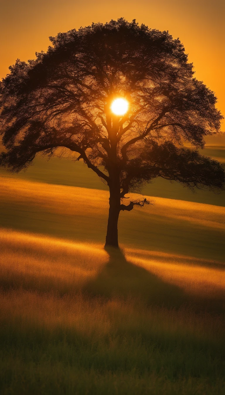 A tree in the middle of the field,The background is the setting sun,