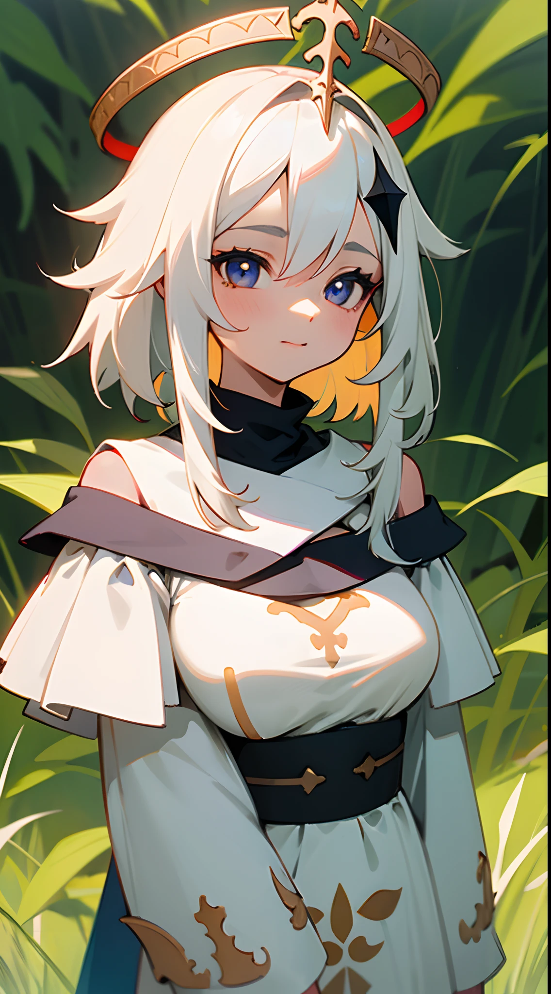 one-girl，Off-the-shoulder attire，the original god，Paimon，Be red in the face，Close-up shot，sportrait，looks into camera，ssmile，White clothes，mediuml breasts，jungles，grassy fields，