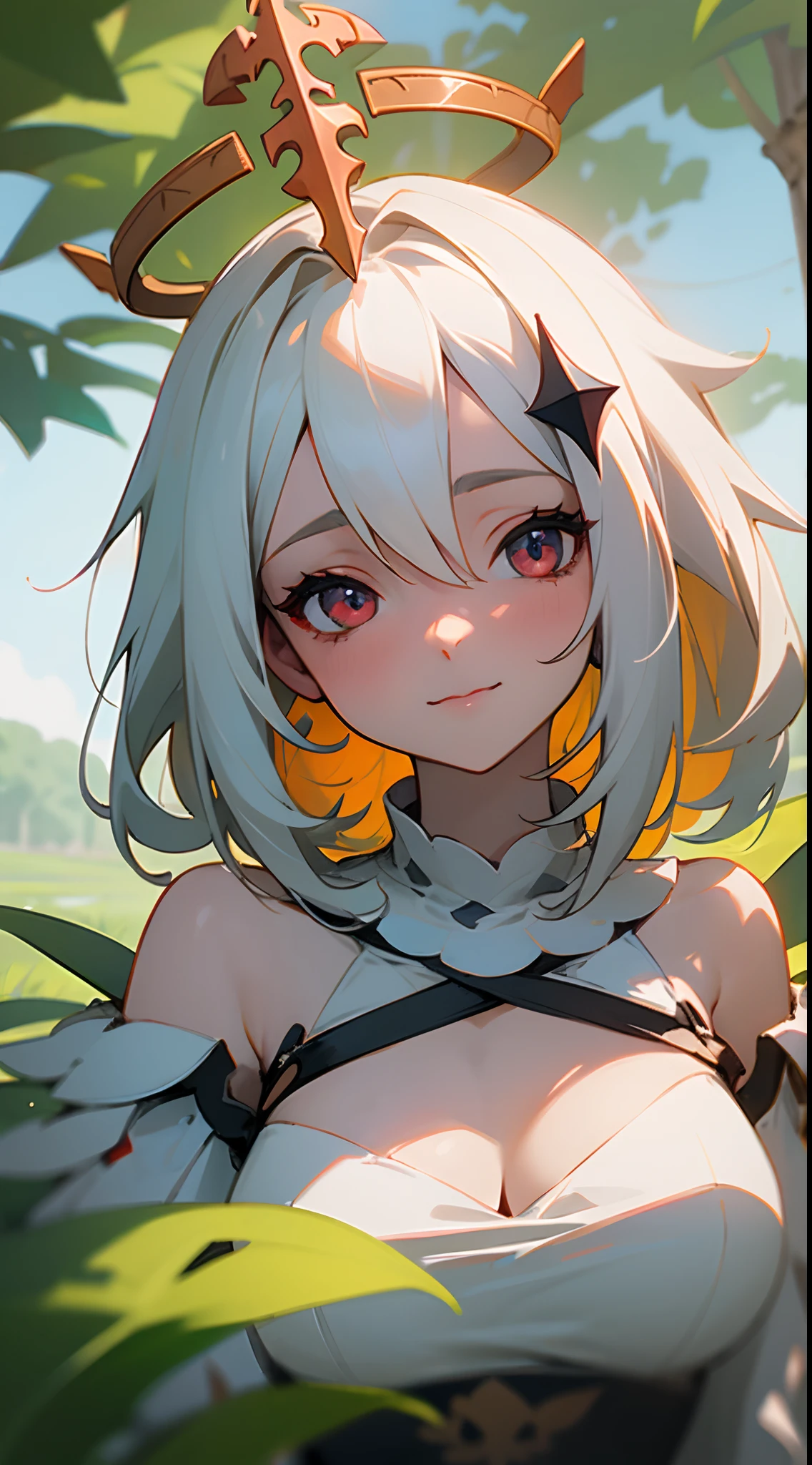 one-girl，Off-the-shoulder attire，the original god，Paimon，Be red in the face，Close-up shot，sportrait，looks into camera，ssmile，White clothes，mediuml breasts，jungles，grassy fields，