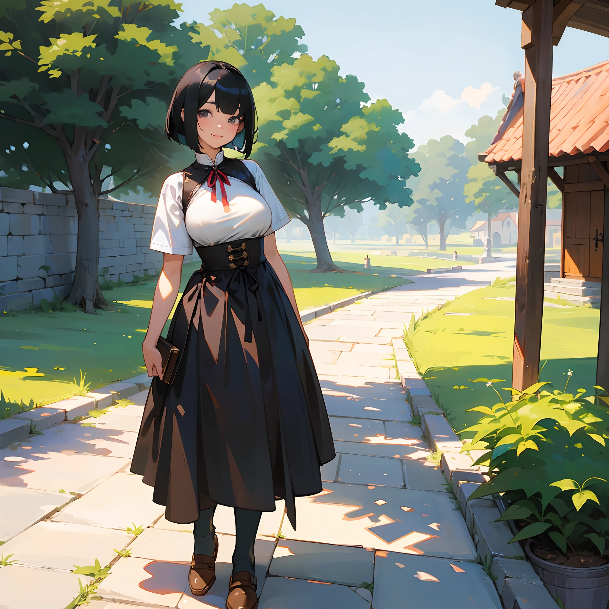 With the best image quality、Teenage girl standing alone outdoors。In high resolution、Beautiful fine details、tranquil atmosphere。((Black Hair Bob Hair))、Cute smile。(((breasts are large)))、I don't have anything in my hands、realistic hand、Medieval European national costume with short sleeves、Medieval European Streets、Leather shoes。
