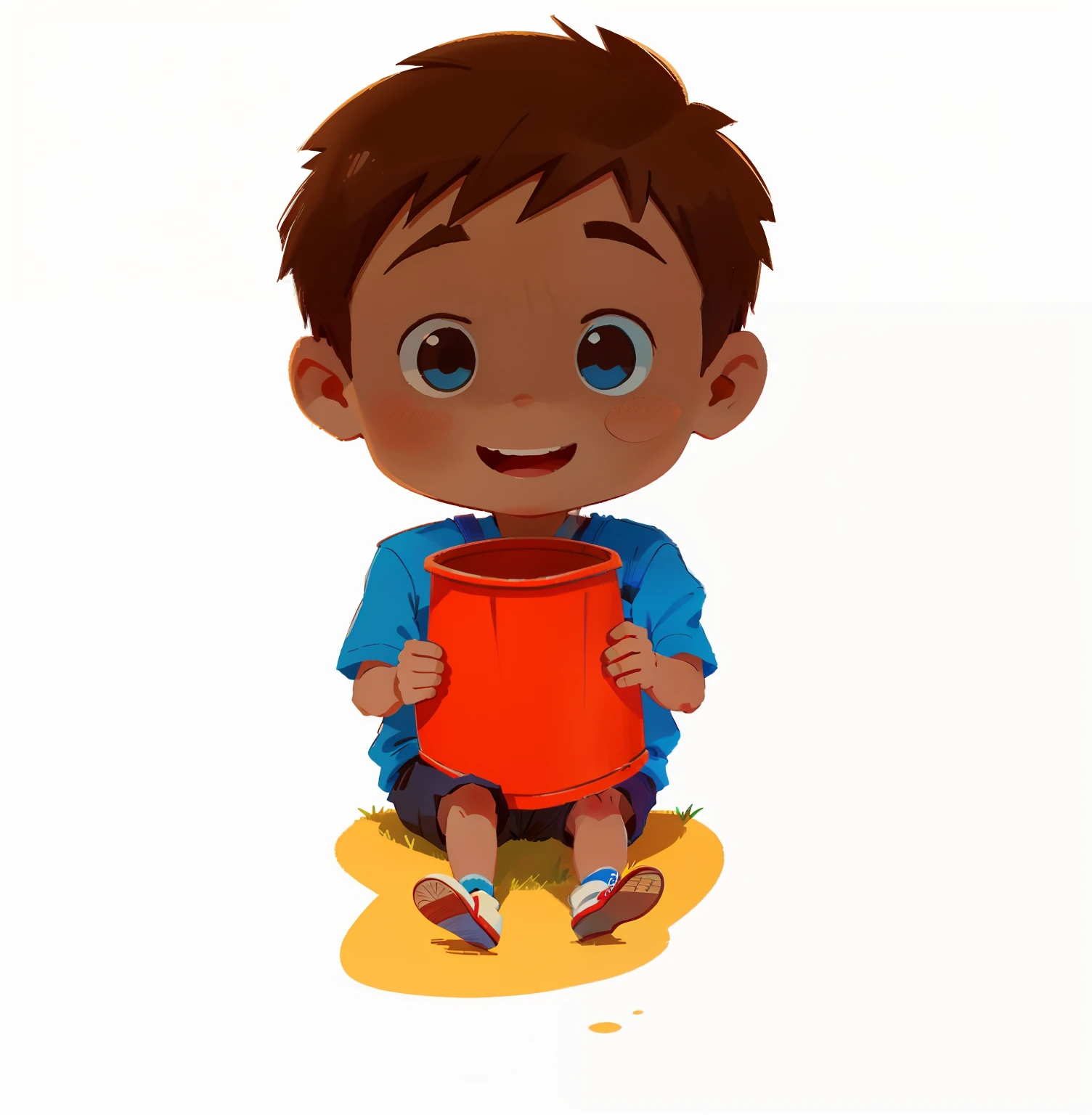 Cartoon boy sitting on the floor holding a bucket, menino com cabelo preto, stands ((brincar)), The anime boy is sitting, expression of happy, brincando, Pescador:2, cute illustration, vestido de azul um menino bonito, expression , menino anime jovem,