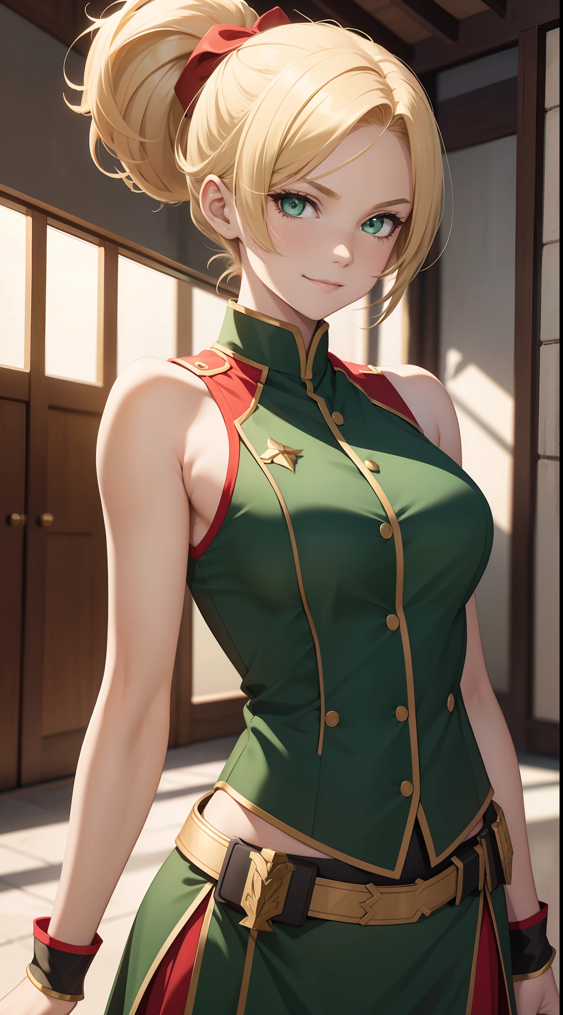 young girl, short blonde hair, high ponytail, Green eyes, Red Knight Uniform, Sleeveless, open shoulders, open belly, a sword, smirk, Masterpiece, hiquality, 4k, HD, Good detail