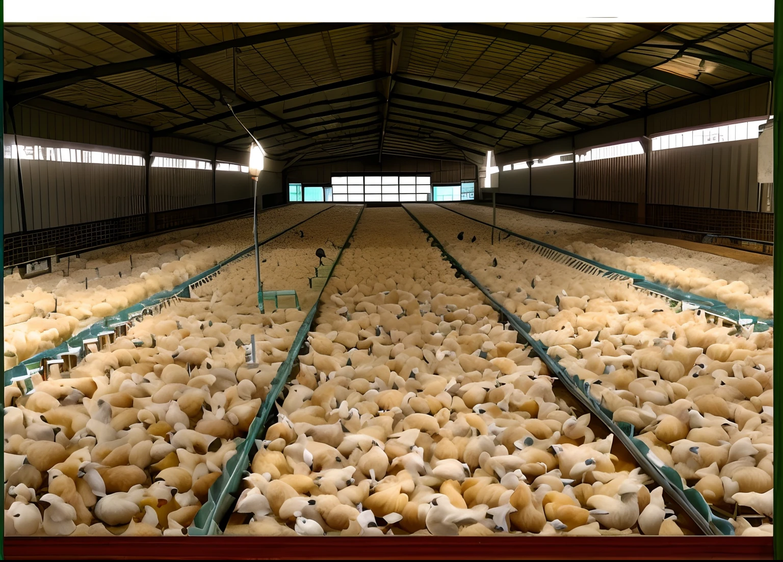 Farms,Steel structure factory shed,Inside the factory shed,There are a lot of chicks, Corresponds to the feed chute, Some chickens are eating