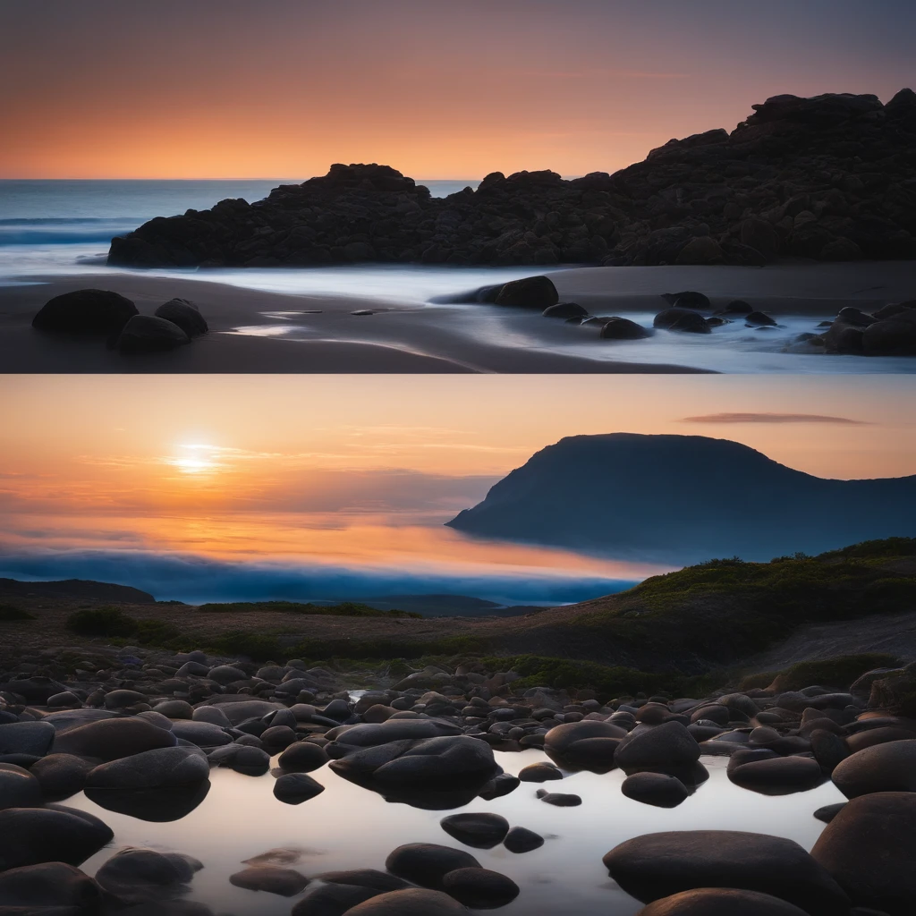 Magnificent view,Wonders of the world,Sunrise dawn,Marine landscape photography,Pale sunrise, Calm without wind,Magnificent fluorescent sea surface,Clean and transparent seawater,sandbeach,Yamakawa,strait,Majestic megalithic complex,Cliffs overlook the landscape,Wide field of view,Simple and beautiful,Minimalist,black, White and blue tones,desolated,Aloneness,Cold, foggy sky,Not dazzling morning sun,Nightmare vision,Dark fantasy plot,Perfect and excellent composition,8K分辨率,the detail,limitations,Close-up ultra-wide angle shot,Cool background,Jack Guzman's environmental art photography,realisticlying,cinematic compositions,A high resolution,vividness, A detailed, stunning skies,Colorful clouds float,true to life, Pubic area is clear, flawless perfection, Digital SLR, , 1024, 2048, 4096, A detailed, Sharp, best qualtiy, high qulity, absurderes,unmanned background,The is very detailed、Detailed lighting shadows,Trends on ArtStation、iintricate、high detal、dramatics、(Volumetriclighting:1.2)hdr shot。(Close-up,Super deep view,ultra-wide-angle,Microfocal length lens:1.2)(realisticlying:1.4)tmasterpiece、high high quality、Beautiful photography