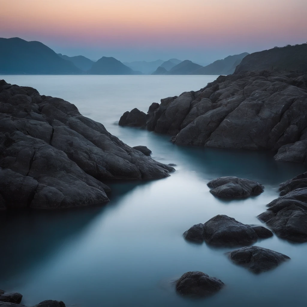 Magnificent view,Wonders of the world,Sunrise dawn,Marine landscape photography,Pale sunrise, Calm without wind,Magnificent fluorescent sea surface,Clean and transparent seawater,sandbeach,Yamakawa,strait,Majestic megalithic complex,Cliffs overlook the landscape,Wide field of view,Simple and beautiful,Minimalist,black, White and blue tones,desolated,Aloneness,Cold, foggy sky,Not dazzling morning sun,Nightmare vision,Dark fantasy plot,Perfect and excellent composition,8K分辨率,the detail,limitations,Close-up ultra-wide angle shot,Cool background,Jack Guzman's environmental art photography,realisticlying,cinematic compositions,A high resolution,vividness, A detailed, stunning skies,Colorful clouds float,true to life, Pubic area is clear, flawless perfection, Digital SLR, , 1024, 2048, 4096, A detailed, Sharp, best qualtiy, high qulity, absurderes,unmanned background,The is very detailed、Detailed lighting shadows,Trends on ArtStation、iintricate、high detal、dramatics、(Volumetriclighting:1.2)hdr shot。(Close-up,Super deep view,ultra-wide-angle,Microfocal length lens:1.2)(realisticlying:1.4)tmasterpiece、high high quality、Beautiful photography