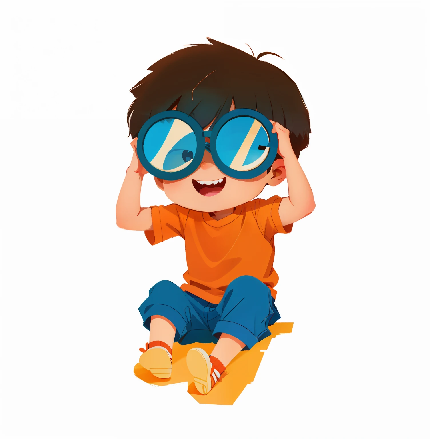 Cartoon girl sitting on the floor holding a binoculars, com cabelo preto, stands ((brincar)), The anime boy is sitting, expression of happy, brincando, Pescador:2, cute illustration, vestido laranja um meninoo, expression , menino anime,