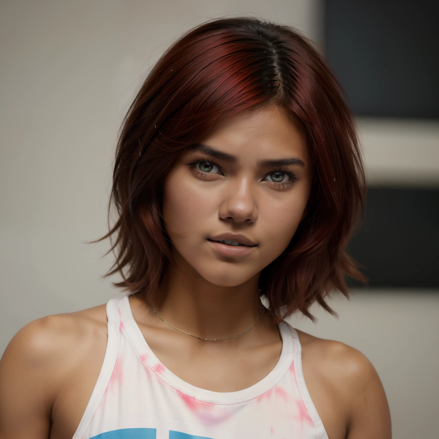 A Photo Of One Young Teen Girl, ((Tupi Guarani Girl)), ((Tupinambá)), ((Teenager)), ((15 Years Old)), ((Tanned Skin Tone)), ((Face Features Of Taylor Lautner and Adriana Lima)), ((Long Pixie Cut Hair)), (Straigth Hair), ((Dyed Red Hair Color)), Flowy Hairstyle, Pores, Realistic Skin, (Green Eyes), Wearing Makeup, ((Wearing Tomboy Clothes: 1.0)), Tomboy Style, Streetwear Clothing, Futuristic Background, Face Focused, Face Close Up: 0.9