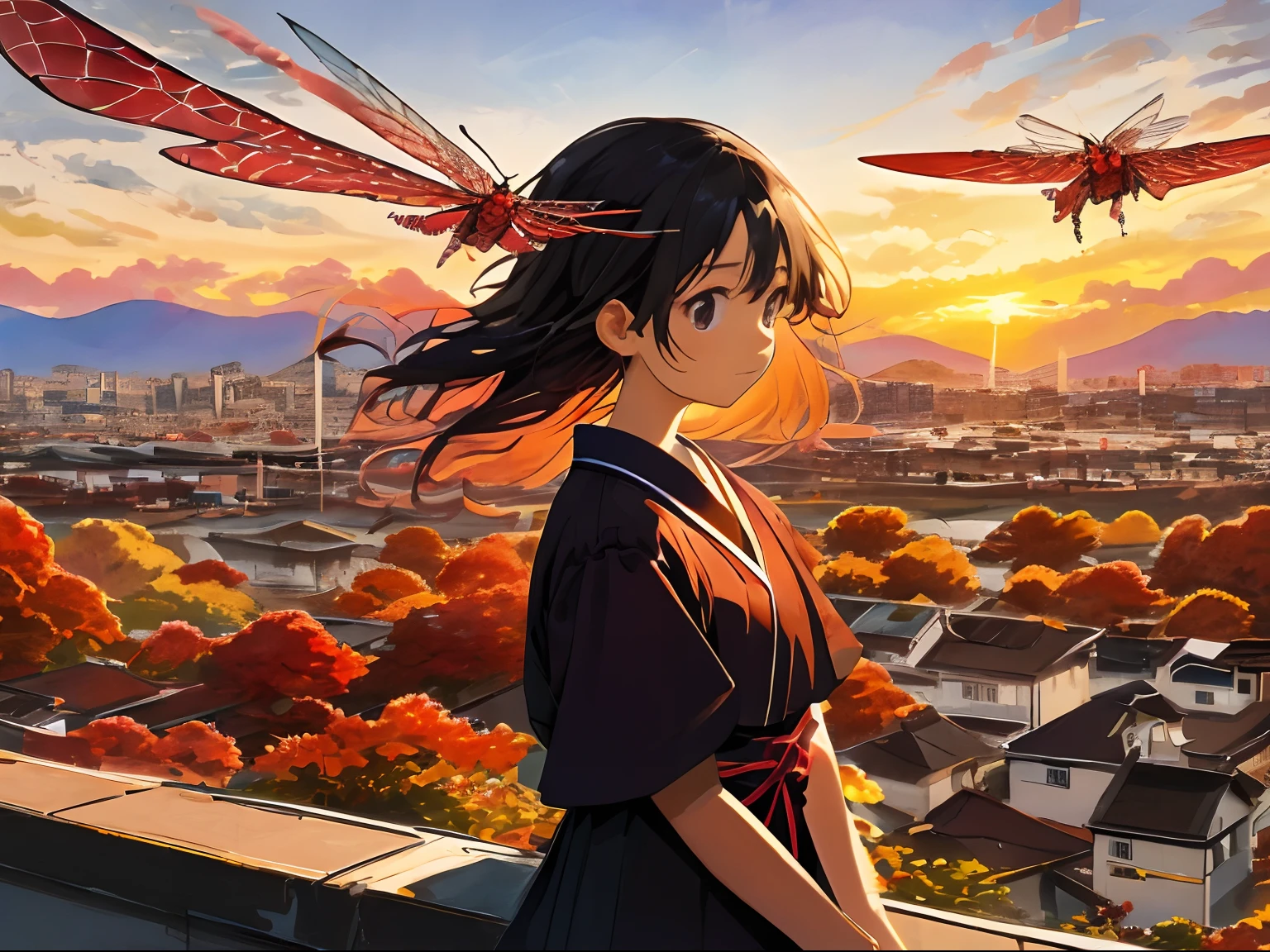 Japan around 1970、Autumn sunset sky、Akane Yun、Sardine cloud、Ibushi silver tile roof、utility pole、electric wires、Town、A flock of red dragonflies、watercolor paiting、Manga