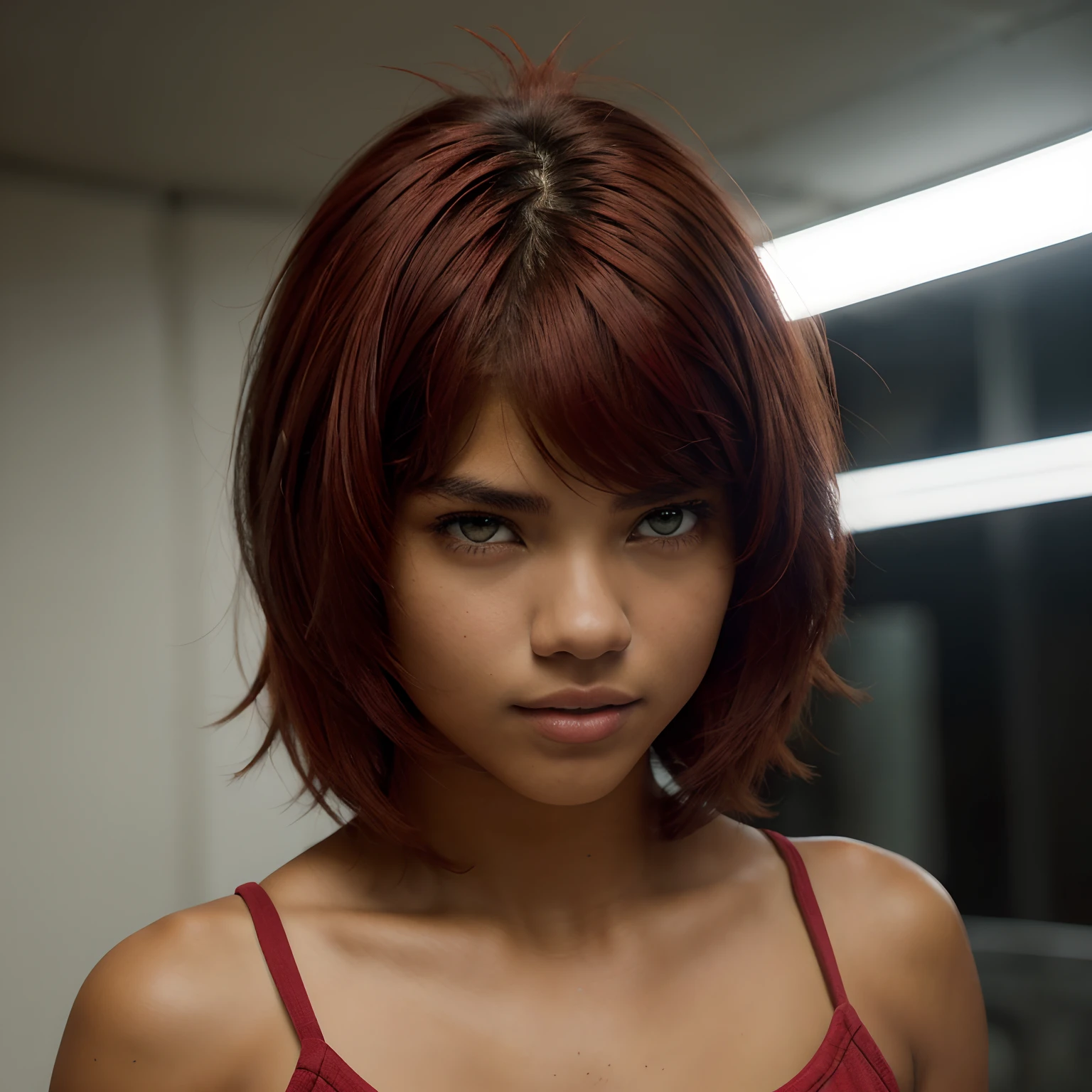 A Photo Of One Young Teen Girl, ((Tupi Guarani Girl)), ((Tupinambá)), ((Teenager)), ((15 Years Old)), ((Tanned Skin Tone)), ((Face Features Of Taylor Lautner and Adriana Lima)), ((Long Pixie Cut Hair)), (Straigth Hair), ((Dyed Red Hair Color)), Flowy Hairstyle, Pores, Realistic Skin, (Green Eyes), Wearing Makeup, ((Wearing Tomboy Clothes: 1.0)), Tomboy Style, Streetwear Clothing, Futuristic Background, Face Focused, Portrait, Looking at the viewer