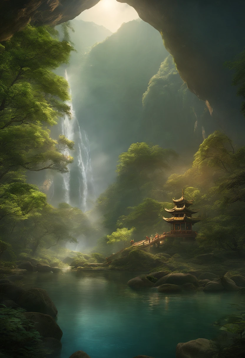 Chinese ancient times, spring, jungle, lake, cave, waterfall, tree, meadow, rock, deer, hot spring, water vapor, (illustration: 1.0), epic composition, realistic lighting, HD details, masterpiece, best quality, (very detailed CG unified 8k wallpaper)