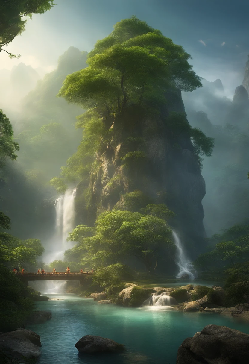 Chinese ancient times, spring, jungle, lake, cave, waterfall, tree, meadow, rock, deer, hot spring, water vapor, (illustration: 1.0), epic composition, realistic lighting, HD details, masterpiece, best quality, (very detailed CG unified 8k wallpaper)