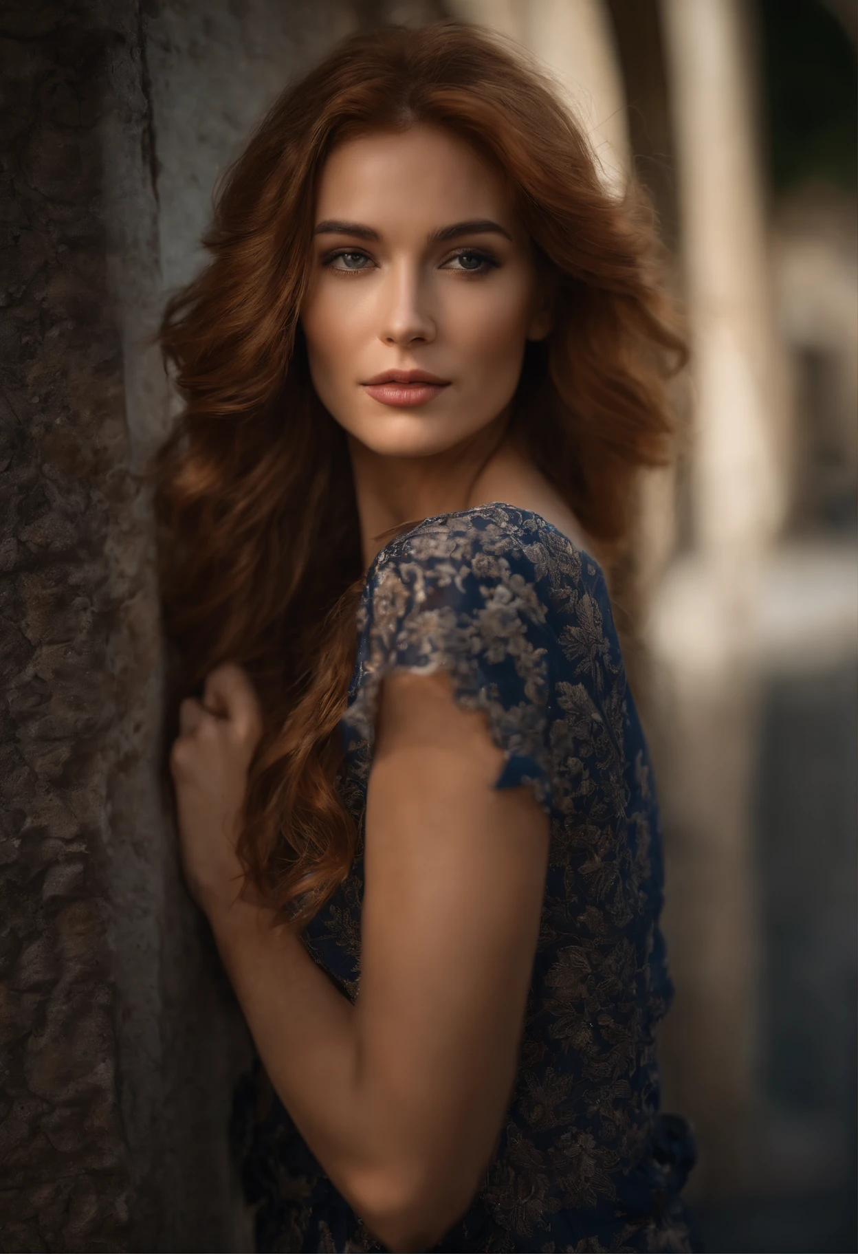 profesional, (Foto 4k:1.1) por (Jeremy Lipking:0.3), (Dittmann Anna:0.3), (Marca ariana:0.3), (foco nítido:1.3), High detail, Vistiendo (Camisa ajustada:1.2), Hermosa cara detallada, An attractive woman with long, coppery hair looks at the camera, luciendo como actriz Katherine McNamara, Panasonic Lumix s pro 50mm f/1.4, Anne Stokes, salpicaduras de color, naranja oscuro y esmeralda oscura, Ferrania P30, Foto realista, (Mujer joven atractiva:1.3), (seductor:1.1), (ruboroso:1.1), Forma del cuerpo con curvas, pechos grandes y redondos, caderas anchas, en la ciudad de fondo, Tomar selfie, Jersey de uso