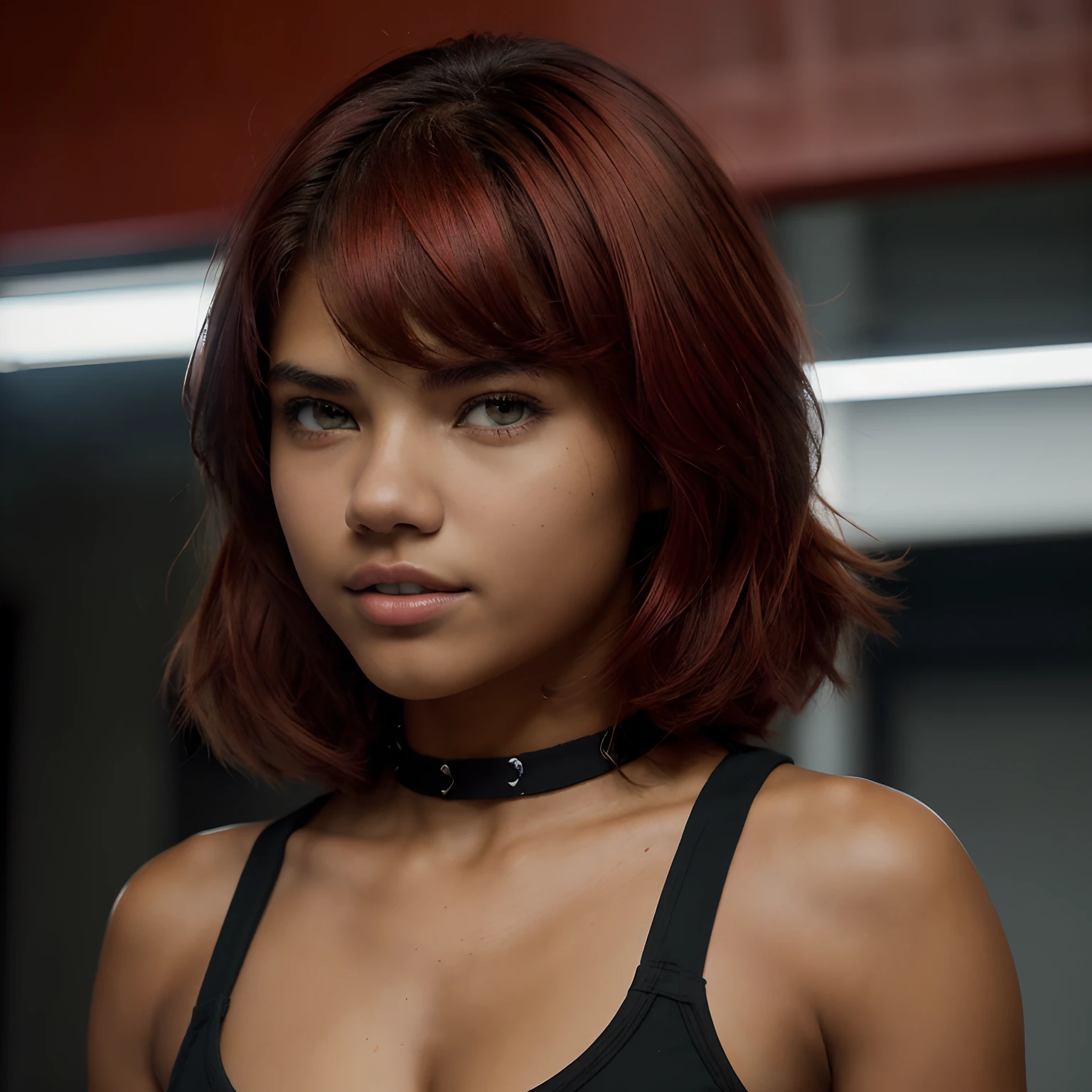 A Photo Of One Young Teen Girl, ((Tupi Guarani Girl)), ((Tupinambá)), ((Teenager)), ((15 Years Old)), ((Tanned Skin Tone)), ((Face Features Of Taylor Lautner and Adriana Lima)), ((Long Pixie Cut Hair)), (Straigth Hair), ((Dyed Red Hair Color)), Flowy Hairstyle, Pores, Realistic Skin, (Green Eyes), Wearing Makeup, ((Wearing Tomboy Clothes: 1.0)), Tomboy Style, Streetwear Clothing, Futuristic Background, Face Focused, Portrait, Looking at the viewer