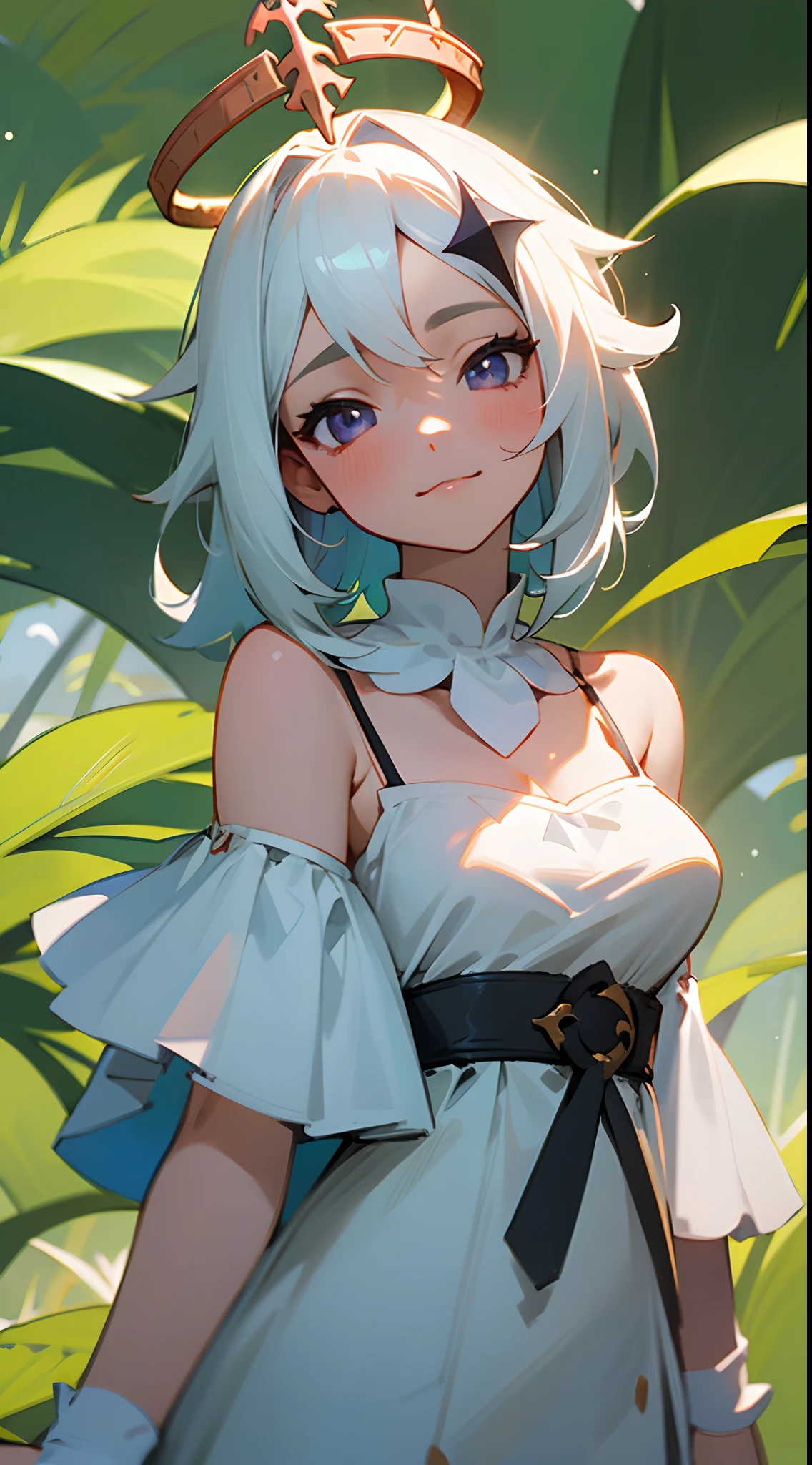 one-girl，Off-the-shoulder attire，The shoulder straps slip off，camisole，the original god，Paimon，Be red in the face，Close-up shot，sportrait，looks into camera，ssmile，White clothes，mediuml breasts，jungles，grassy fields，