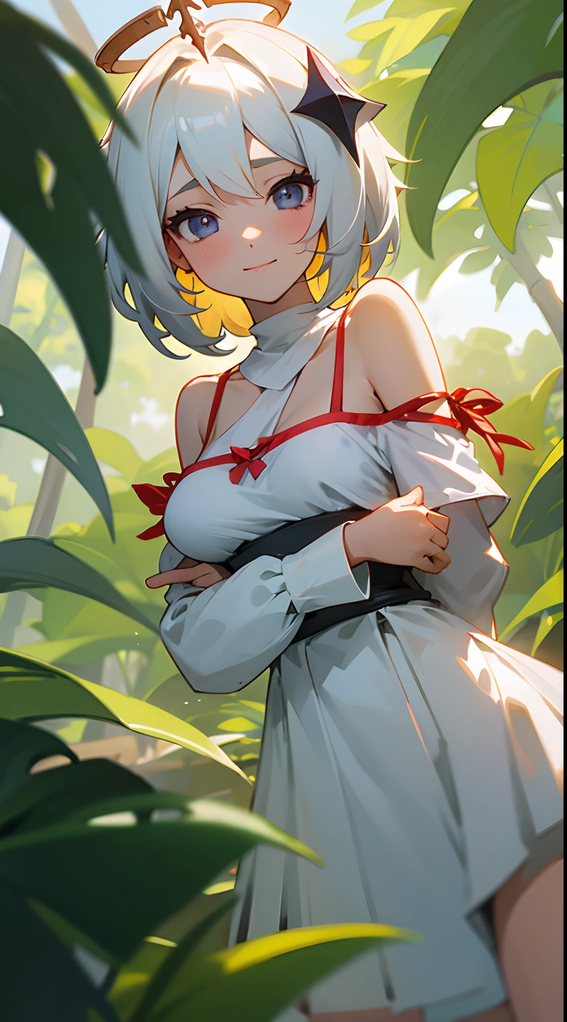 one-girl，Off-the-shoulder attire，The shoulder straps slip off，camisole，the original god，Paimon，Be red in the face，Close-up shot，sportrait，looks into camera，ssmile，White clothes，mediuml breasts，jungles，grassy fields，