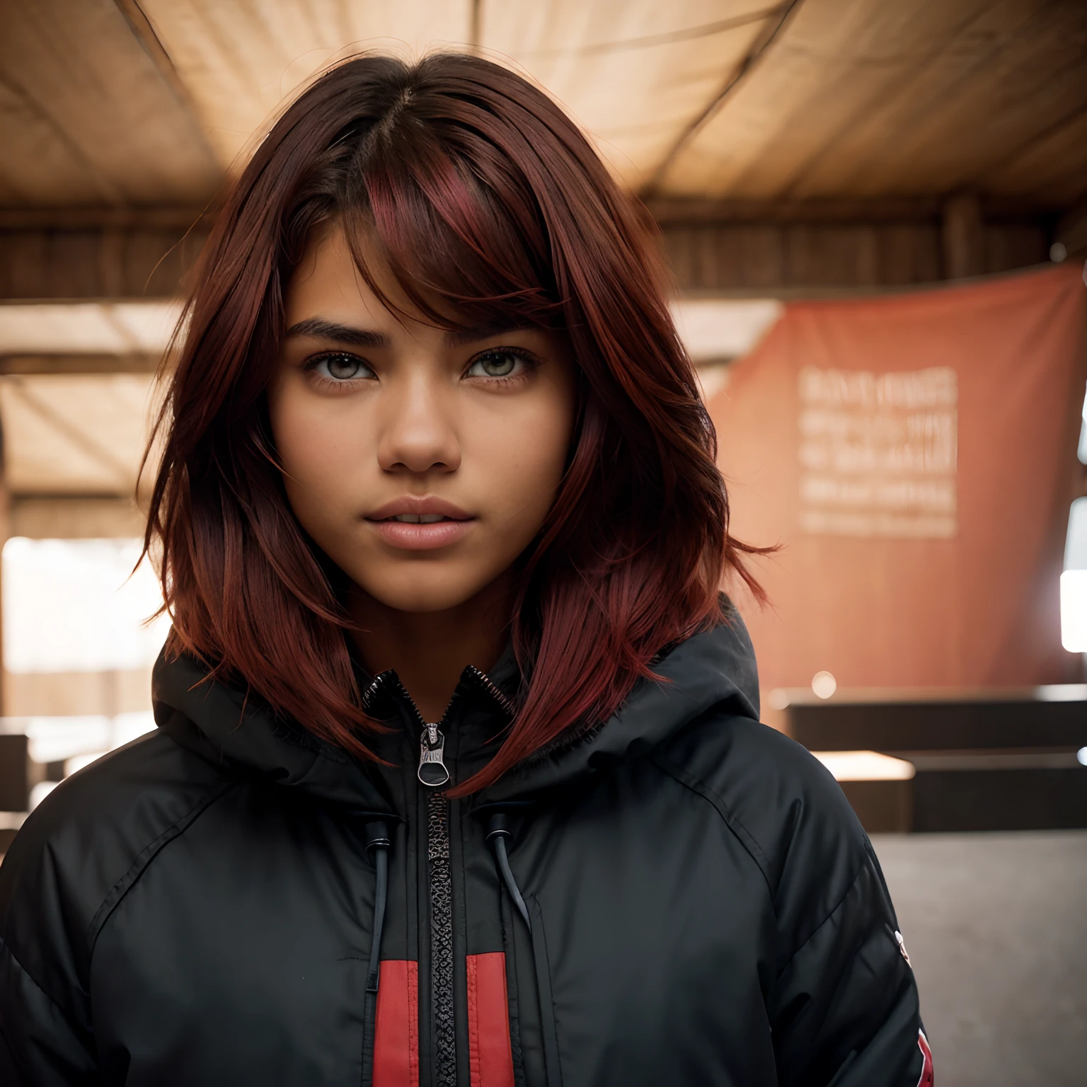 A Photo Of One Young Teen Girl, ((Tupi Guarani Girl)), ((Tupinambá)), ((Teenager)), ((15 Years Old)), ((Tanned Skin Tone)), ((Face Features Of Taylor Lautner and Adriana Lima)), ((Long Pixie Cut Hair)), (Straigth Hair), ((Dyed Red Hair Color)), Flowy Hairstyle, Pores, Realistic Skin, (Green Eyes), Wearing Makeup, ((Wearing Tomboy Clothes: 1.0)), Tomboy Style, Winter Clothing, Futuristic Background, Face Focused, Portrait, Looking at the viewer