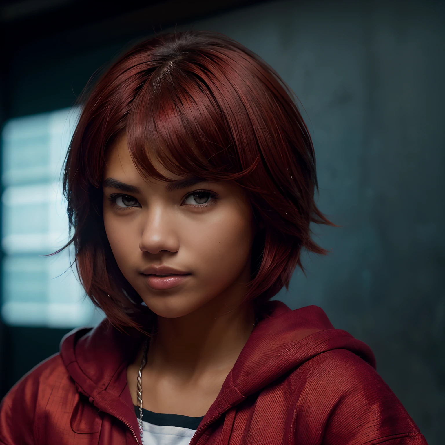 A Photo Of One  Girl, ((Tupi Guarani Girl)), ((Tupinambá)), ((Teenager))Years Old)), ( Tone)), ((Face Features Of Taylor Lautner and Adriana Lima)), ((Long Pixie Cut Hair)), (Straigth Hair), ((Dyed Red Hair Color)), Flowy Hairstyle, Pores, Realistic Skin, (Green Eyes), Wearing Makeup, ((Wearing Tomboy Clothes: 1.0)), Tomboy Style, Winter Clothing, Futuristic Background, Face Focused, Portrait, Looking at the viewer