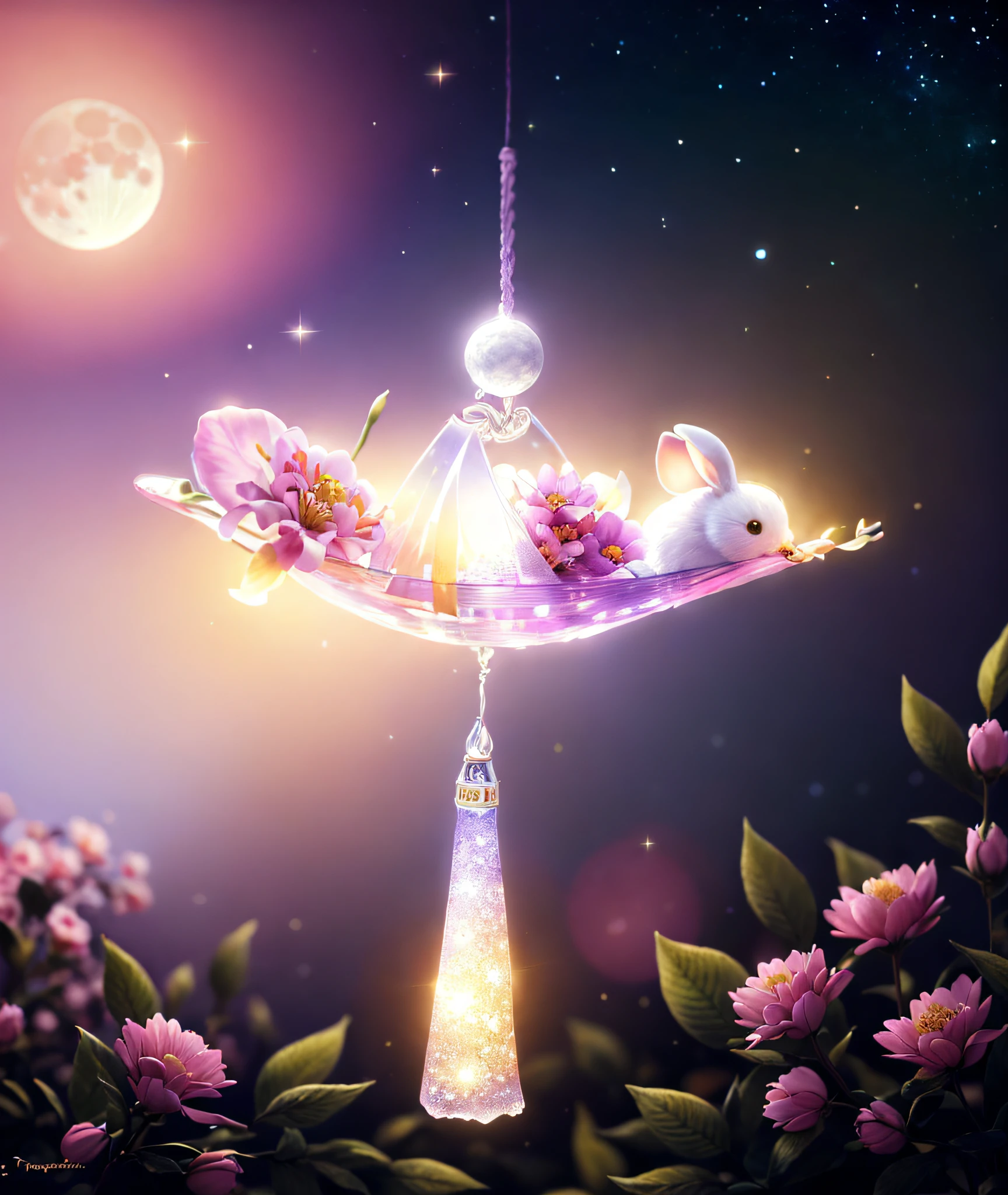 Hanging ornaments，Little white rabbit，large moon，tmasterpiece，Best quality at best，Extremely beautiful reflection，The best reflections。（Very detailed CG unity 8K wallpaper），（Best quality at best），（The best illustrations），（The best shadow），Paint (medium wind)+, atmosphere, nature scenes, Aspect ratio 1:1, Ray traching, Bokeh, smooth, (Colorful), (detailed complex busy background: 0.8), Fantasy flowers, (Night:1.4), Intricate details, Beautiful glitter, Flat illustration, Detail Love, (Ultra-detailed), photon maping, ((Intricate details)), (Big Pink Moon)