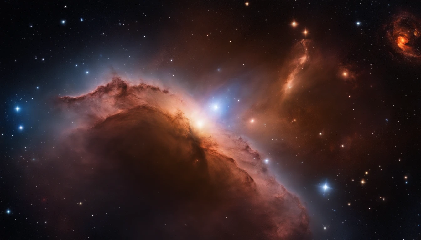 Image of a dark, star-filled cosmos with bright galaxies and shooting comets. Perhaps a glowing nebula in the background.