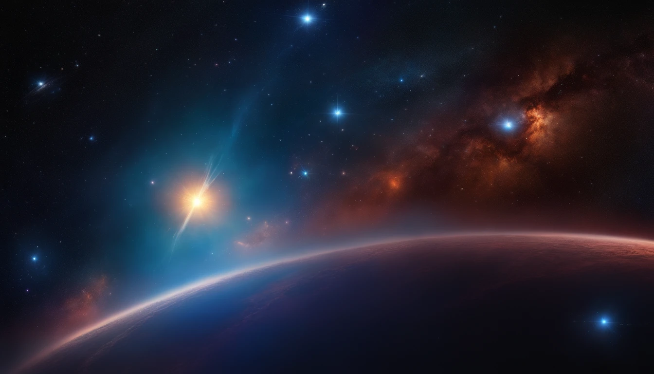 Image of a dark, star-filled cosmos with bright galaxies and shooting comets. Perhaps a glowing nebula in the background.