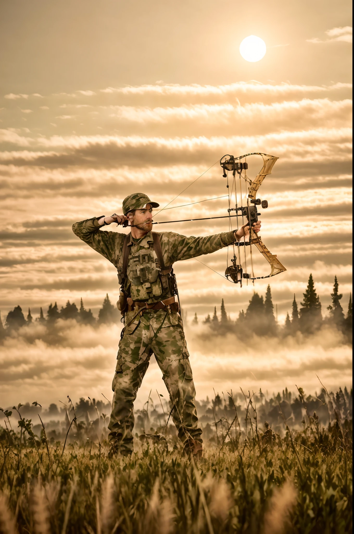 arafed man holding a bow and arrow in a field, pointing his bow, holding a bow, aiming a bow and arrow, holding a crossbow, holding bow and arrow, wielding a bow, holding a bow and arrow, full body wide shot, heroic shooting bow pose, hold mechanical bow and arrow, full-body shot, full - body shot, boots, canadian male, knee pads, male focus, military, military uniform, pouch, reddish-brown hair, clean-shaven, solo, standing, assault vest, drop-down pistol holster, jungle background, battle, tanks, explosions, gritty war-torn atmosphere, black ops, depth of field