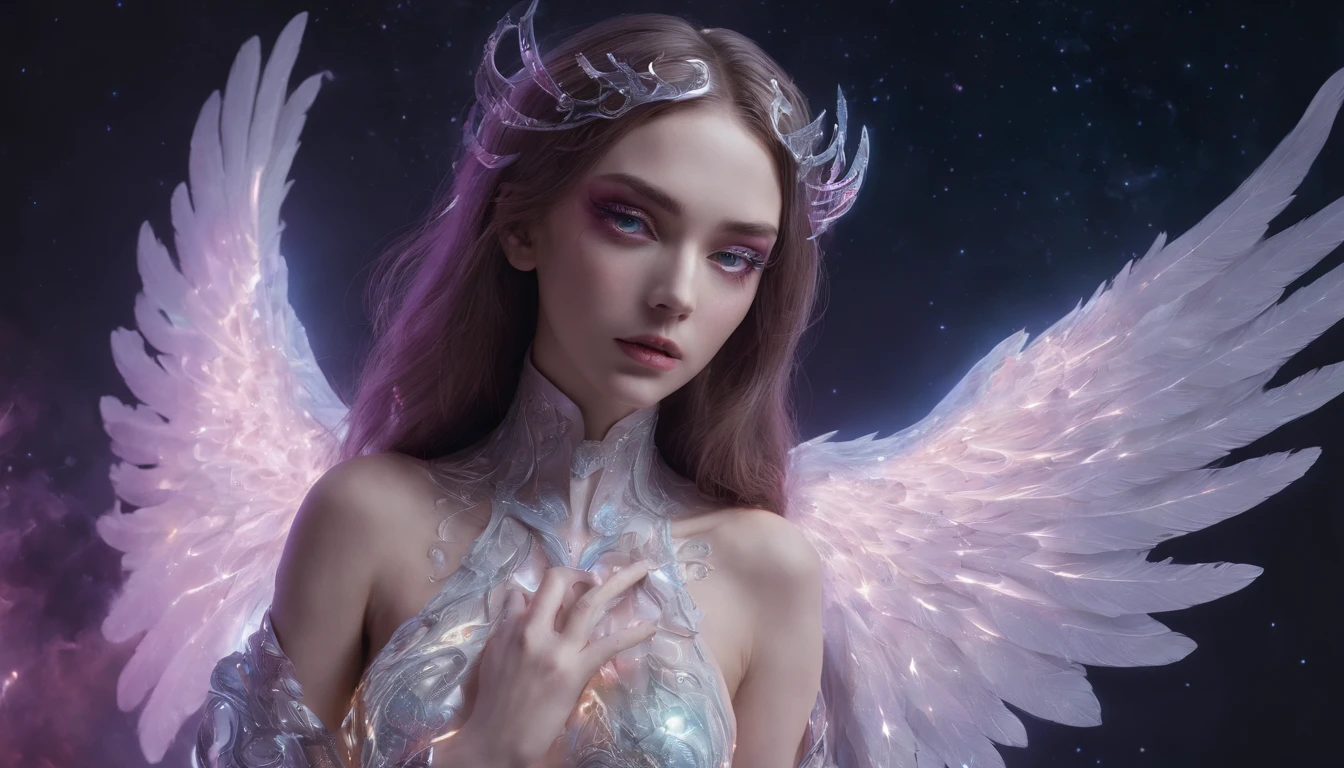 Cosmic Fallen Angel, glowing light eyes, Delicate and beautiful face，Bigchest，Biomechanical, eerie, Dream-like, Very bright colors, Light particles, with light glowing, Lucifer, wallpaper art, UHD wallpaper