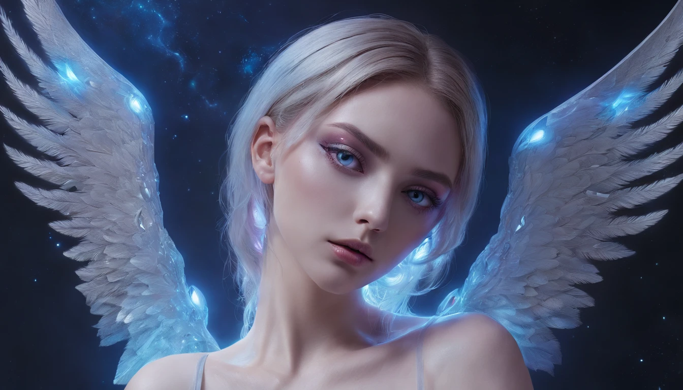 Cosmic Fallen Angel, glowing light eyes, Delicate and beautiful face,Bigchest,Biomechanical, eerie, Dream-like, Very bright colors, Light particles, with light glowing, Mshiv, wallpaper art, UHD wallpaper