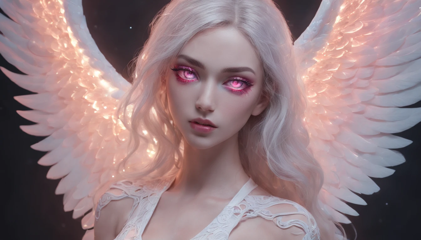 Cosmic Fallen Angel, glowing light eyes, Delicate and beautiful face,Bigchest,Biomechanical, eerie, Dream-like, Very bright colors, Light particles, with light glowing, Mshiv, wallpaper art, UHD wallpaper