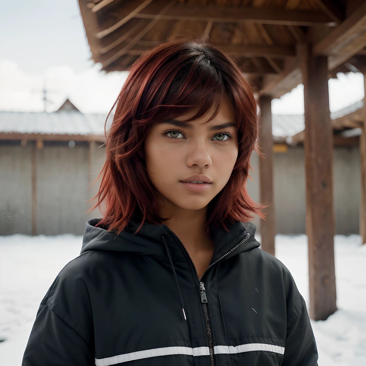 A Photo Of One Young Teen Girl, ((Tupi Guarani Girl)), ((Tupinambá)), ((Teenager)), ((15 Years Old)), ((Tanned Skin Tone)), ((Face Features Of Taylor Lautner and Adriana Lima)), ((Long Pixie Cut Hair)), (Straigth Hair), ((Dyed Red Hair Color)), Flowy Hairstyle, Pores, Realistic Skin, (Green Eyes), Wearing Makeup, ((Wearing Tomboy Clothes: 1.0)), Tomboy Style, Winter Clothing, Futuristic Background, Face Focused, Portrait, Looking at the viewer