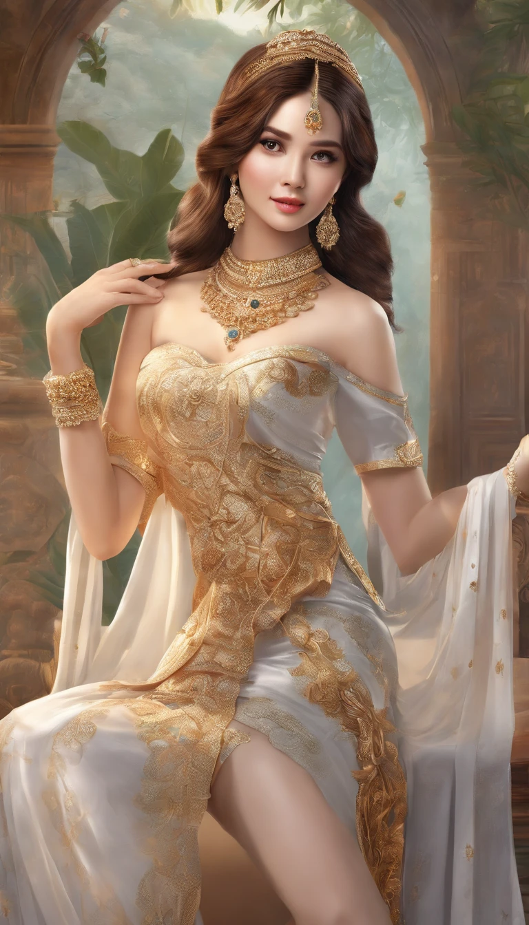 Ultra detailed hd 8k, (realistic photo:1.2), (masterpiece: 1.2),myth,argent,kebaya,Scroll,batik,sleeveless, treasure,universe, face the camera, smile, 19 year old girl, cute girl, beautiful girl, indonesian model, white healthy skin, delicate eyes, tied-up hair, ethnic earrings, full body photo, (sexy body:1.2), (slim waist:1.2), rim light,product photo shot, holding a small beauty serum, indian hot bhave full naked,no dress in body,big boobs,big ass