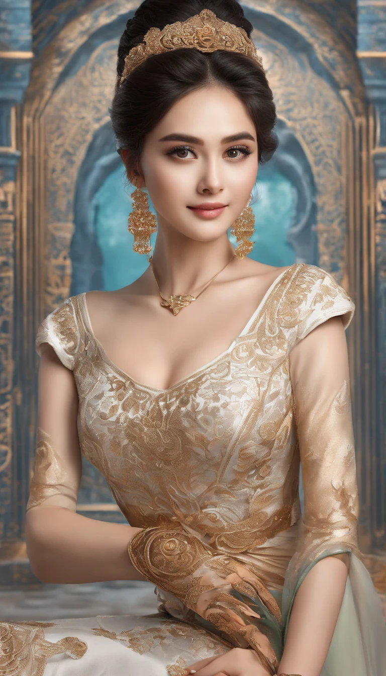 Ultra detailed hd 8k, (realistic photo:1.2), (masterpiece: 1.2),myth,argent,kebaya,Scroll,batik,sleeveless, treasure,universe, face the camera, smile, 19 year old girl, cute girl, beautiful girl, indonesian model, white healthy skin, delicate eyes, tied-up hair, ethnic earrings, full body photo, (sexy body:1.2), (slim waist:1.2), rim light,product photo shot, holding a small beauty serum, indian hot bhave full naked,no dress in body,big boobs,big ass