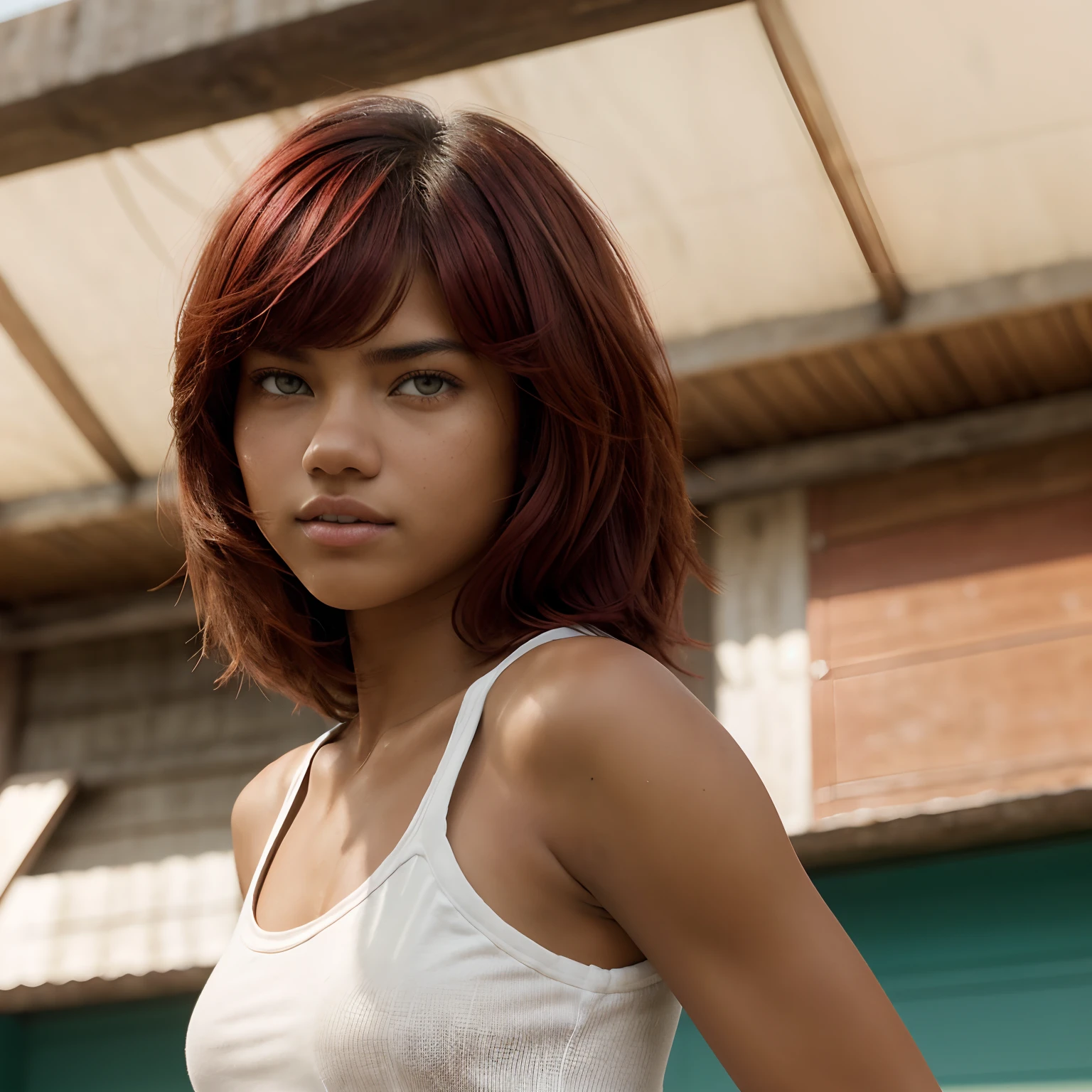 A Photo Of One Young Teen Girl, ((Tupi Guarani Girl)), ((Tupinambá)), ((Teenager)), ((15 Years Old)), ((Tanned Skin Tone)), ((Face Features Of Taylor Lautner and Adriana Lima)), ((Long Pixie Cut Hair)), (Straigth Hair), ((Dyed Red Hair Color)), Flowy Hairstyle, Pores, Realistic Skin, (Green Eyes), Wearing Makeup, ((Wearing Tomboy Clothes: 1.0)), Tomboy Style, Summer Clothing, Futuristic Background, Face Focused, Portrait, Looking at the viewer