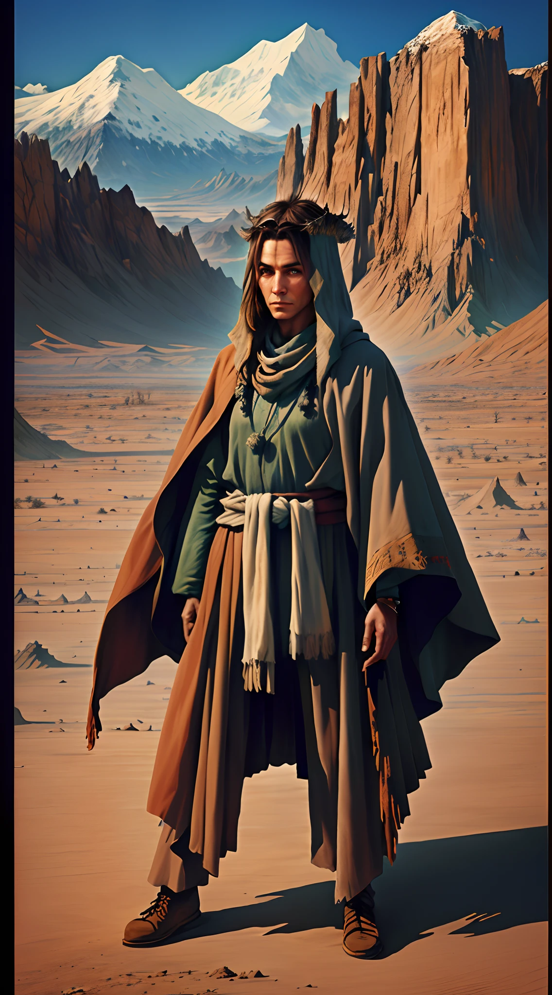 concept art of a character in the forground with a cold desert in the background, a modern shaman , realistic face and head, different poses