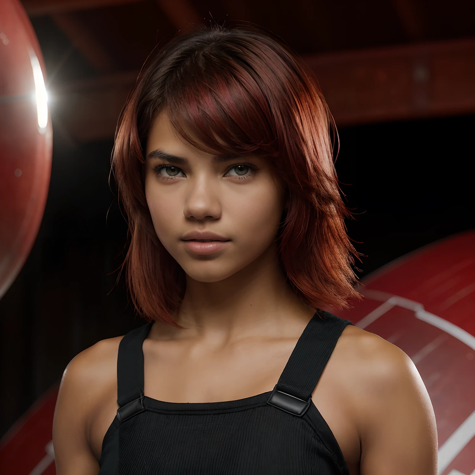 A Photo Of One  Girl, ((Tupi Guarani Girl)), ((Tupinambá)), ((Teenager))Years Old)), ( Tone)), ((Face Features Of Taylor Lautner and Adriana Lima)), ((Long Pixie Cut Hair)), (Straigth Hair), ((Dyed Red Hair Color)), Flowy Hairstyle, Pores, Realistic Skin, (Green Eyes), Wearing Makeup, ((Wearing Tomboy Clothes: 1.0)), Tomboy Style, Skater Girl Clothing, Futuristic Background, Face Focused, Portrait, Looking at the viewer